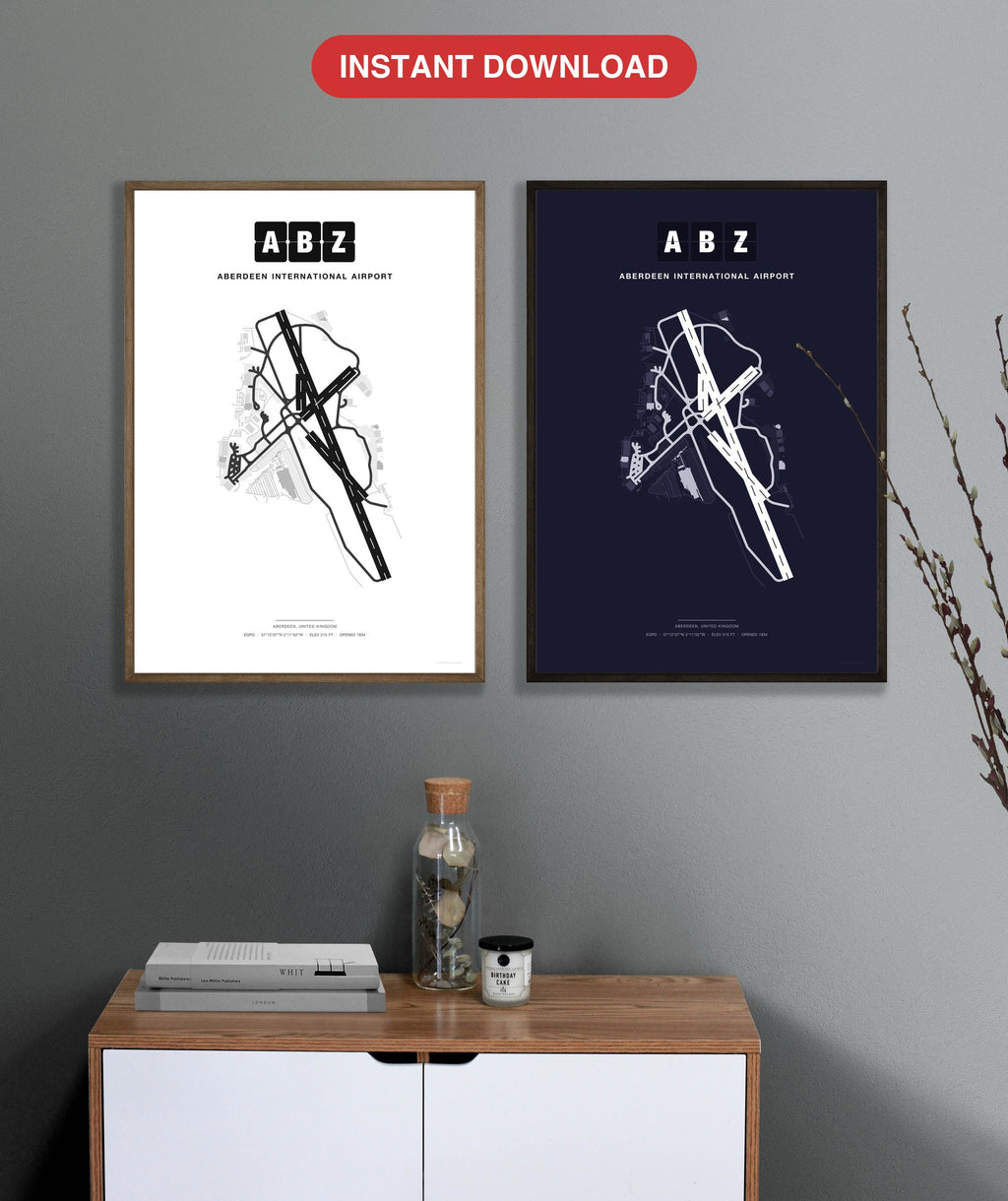 ABZ Aberdeen International Airport map - Classic and Dark styles, instant download