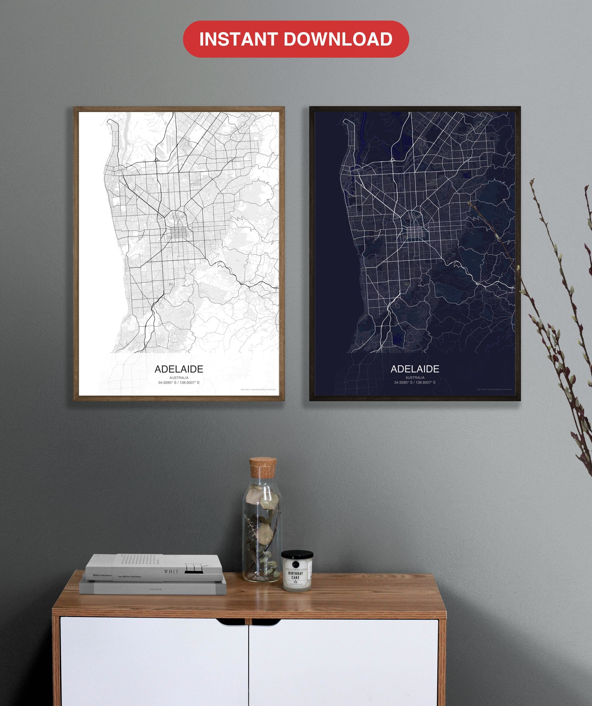 Adelaide map digital download - Classic and Dark styles, instant download
