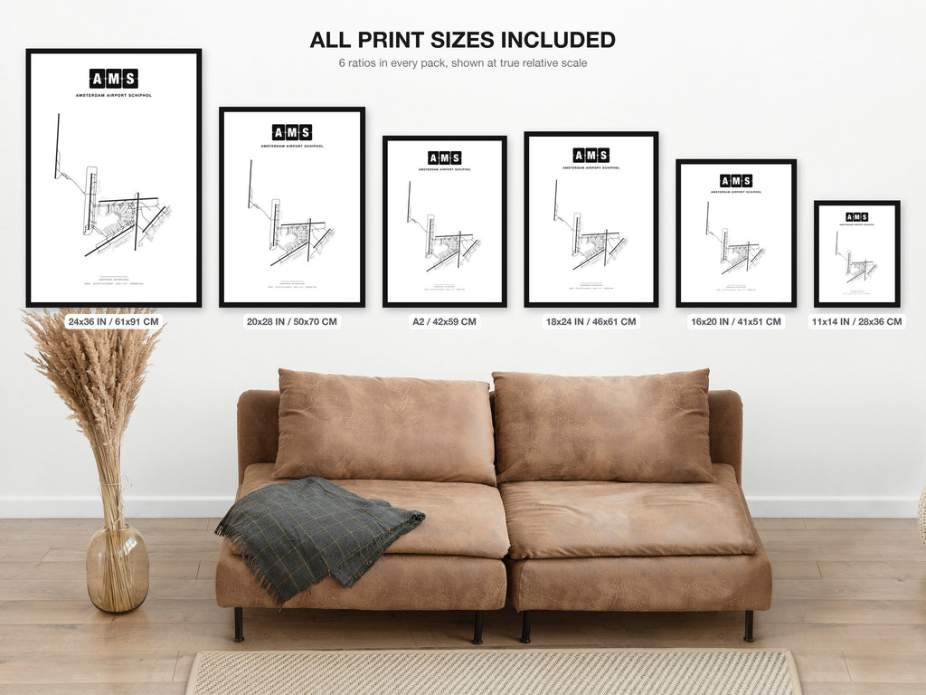 AMS Amsterdam Airport Schiphol map - all print sizes included, Classic