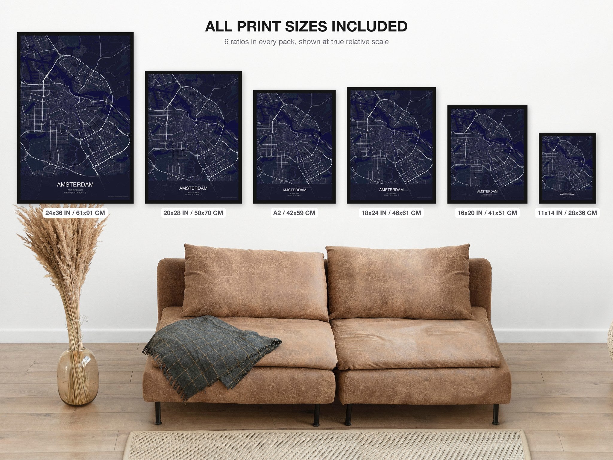 Amsterdam map digital download - all print sizes included, Dark