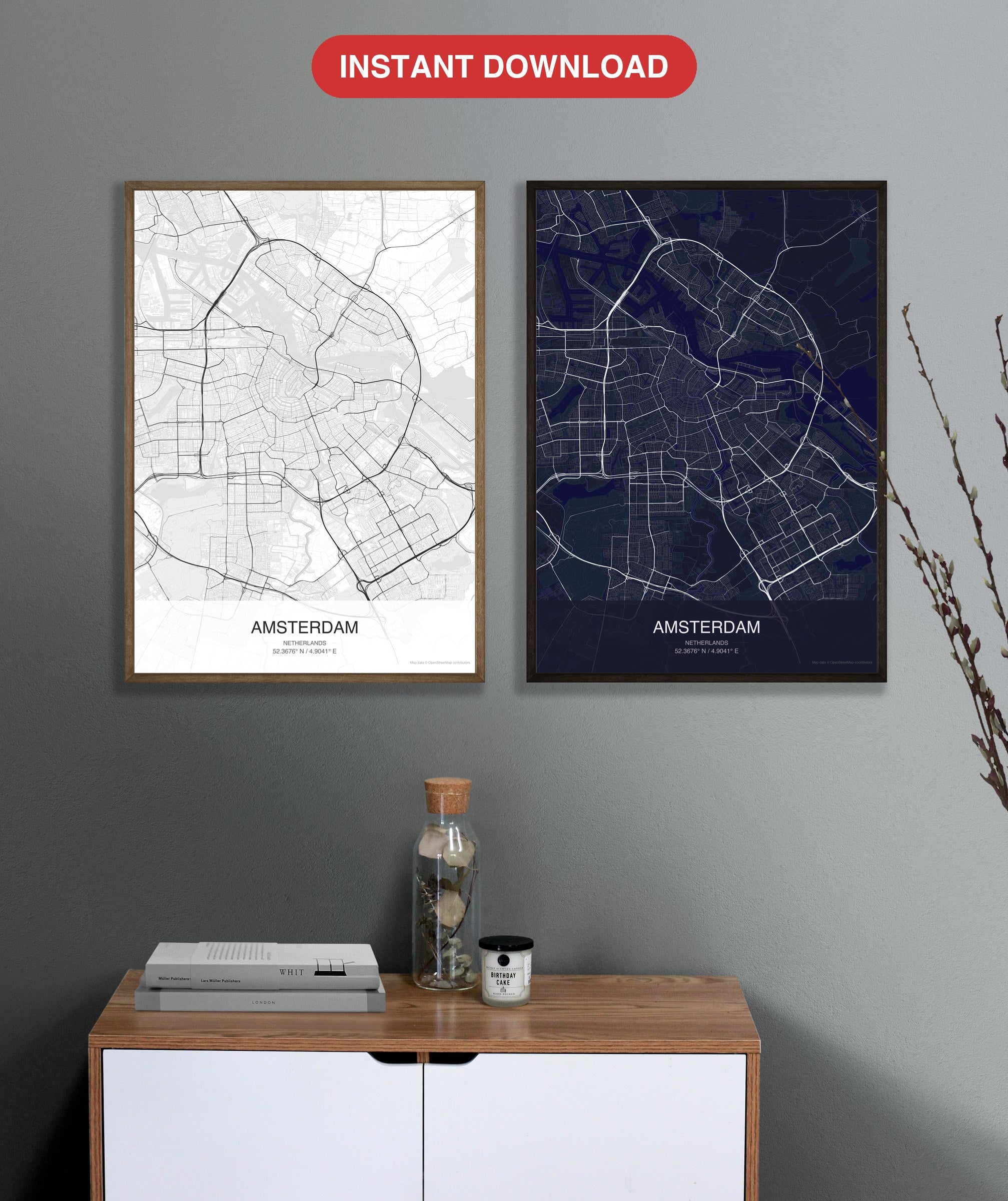 Amsterdam map digital download - Classic and Dark styles, instant download