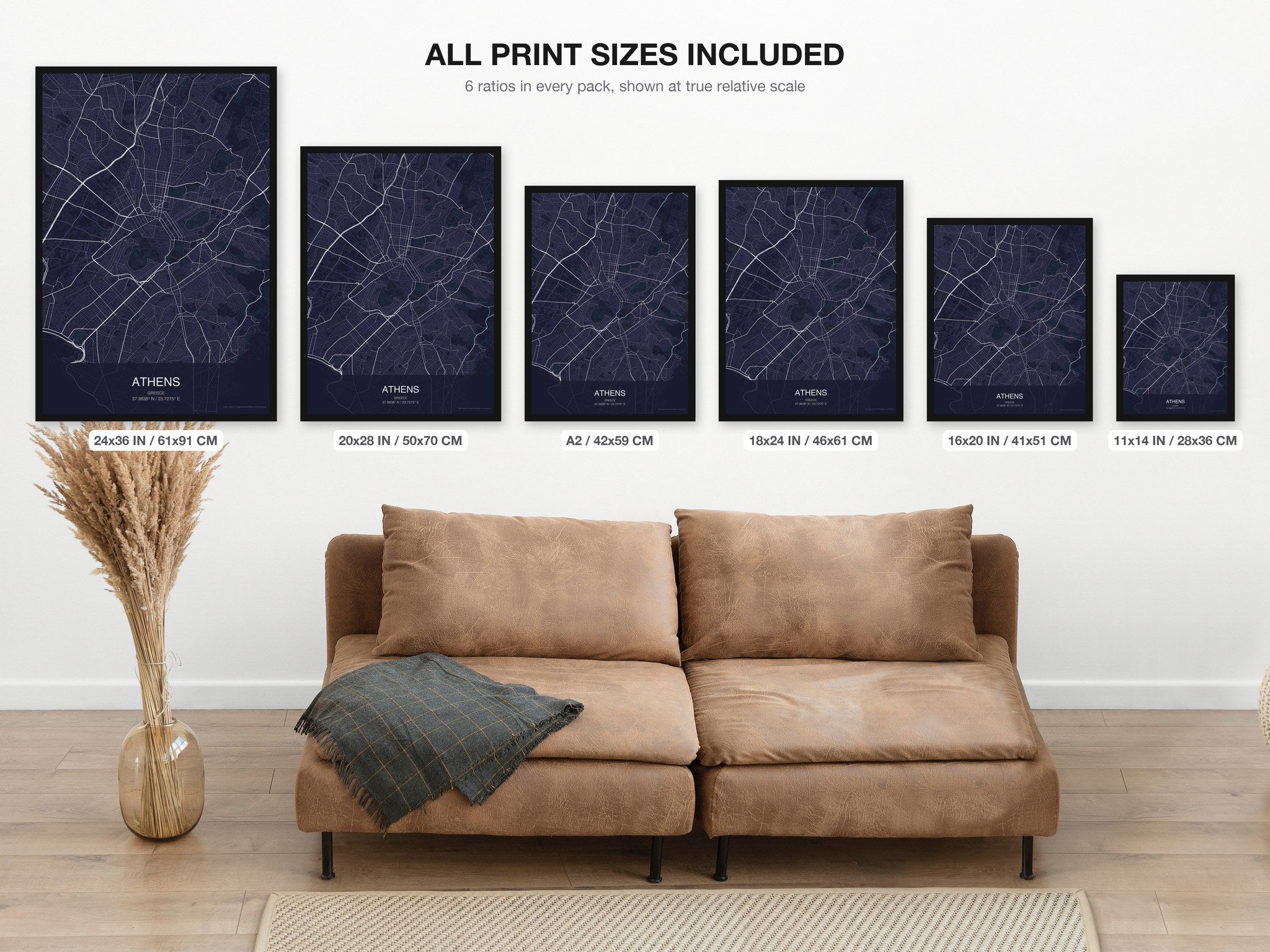 Athens map digital download - all print sizes included, Dark