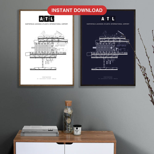 ATL Hartsfield-Jackson Atlanta International Airport map - Classic and Dark styles, instant download, square lead