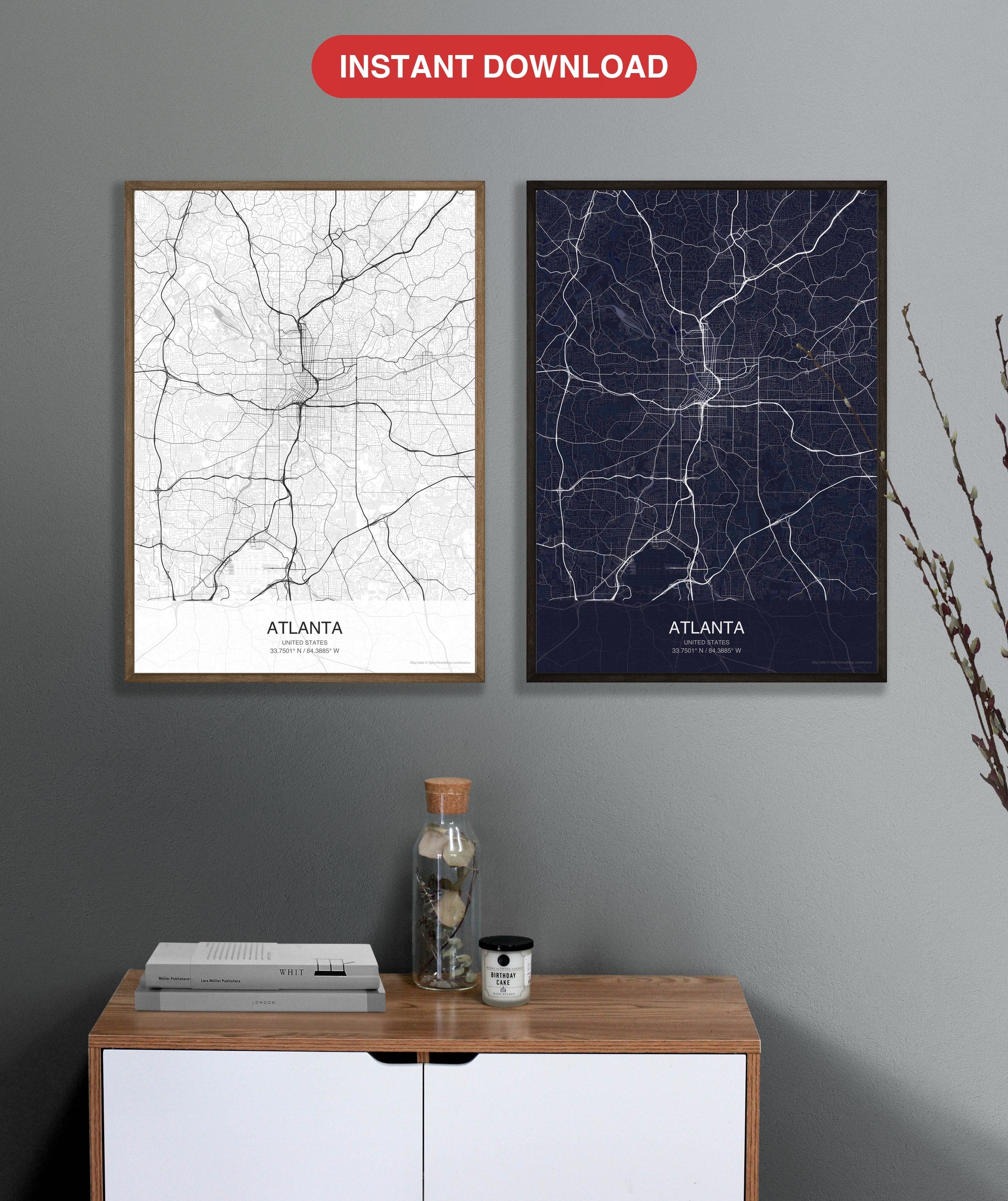 Atlanta map digital download - Classic and Dark styles, instant download