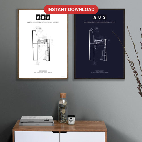 AUS Austin-Bergstrom International Airport map - Classic and Dark styles, instant download, square lead