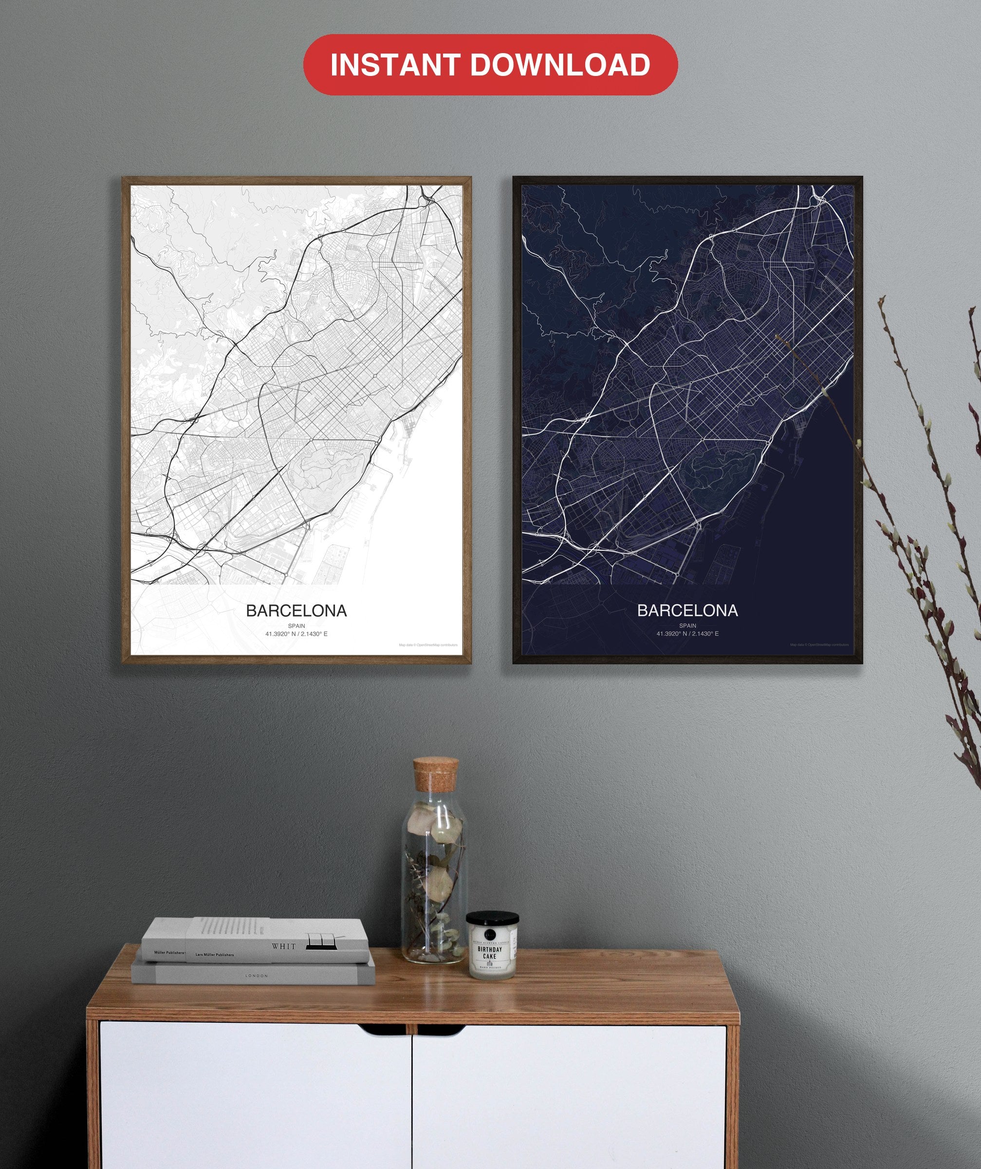 Barcelona map digital download - Classic and Dark styles, instant download