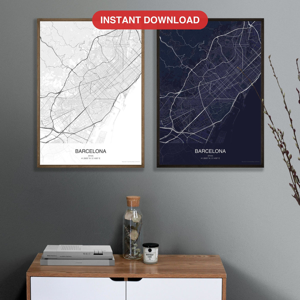 Barcelona map digital download - Classic and Dark styles, instant download, square lead