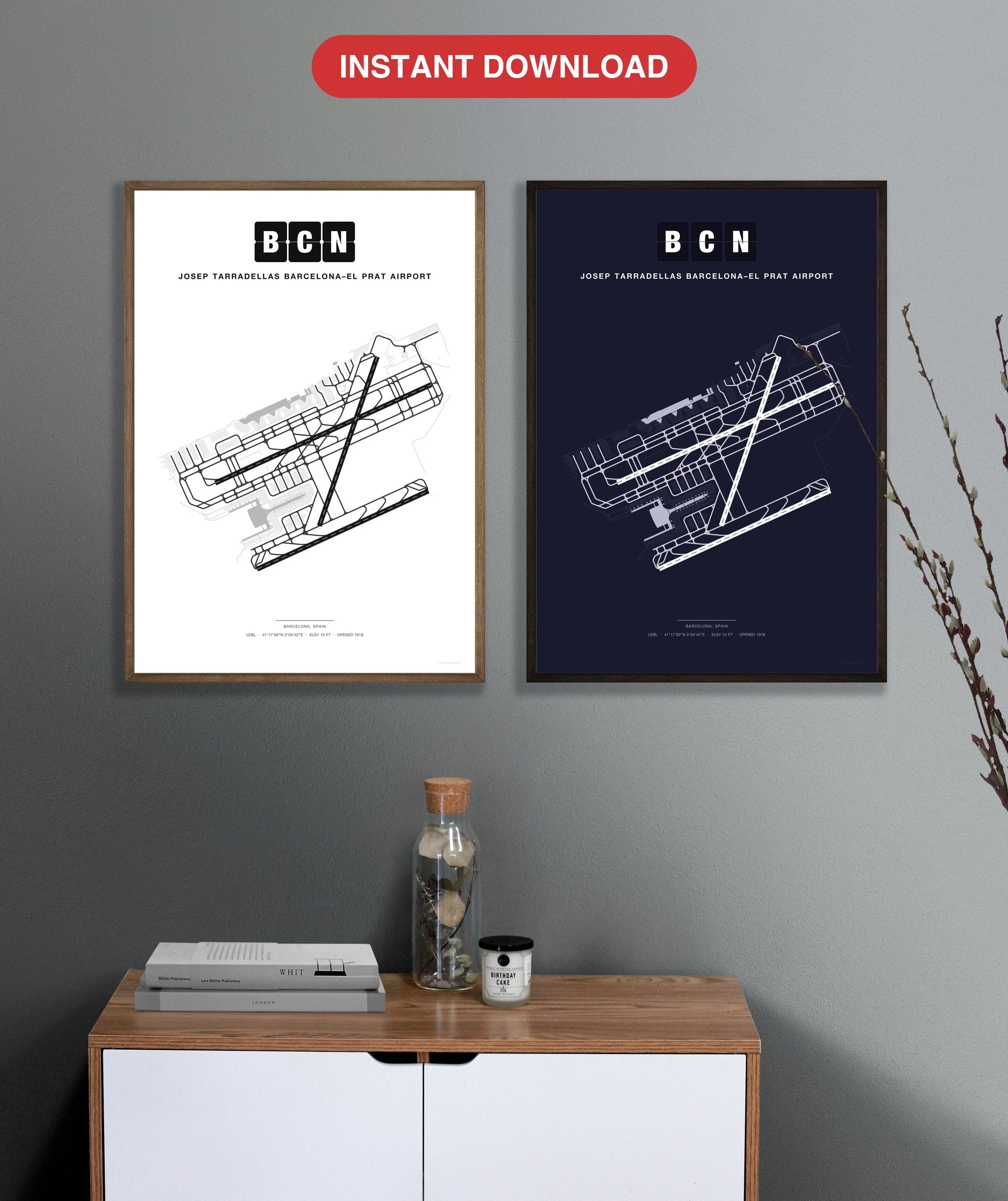 BCN Josep Tarradellas Barcelona–El Prat Airport map - Classic and Dark styles, instant download