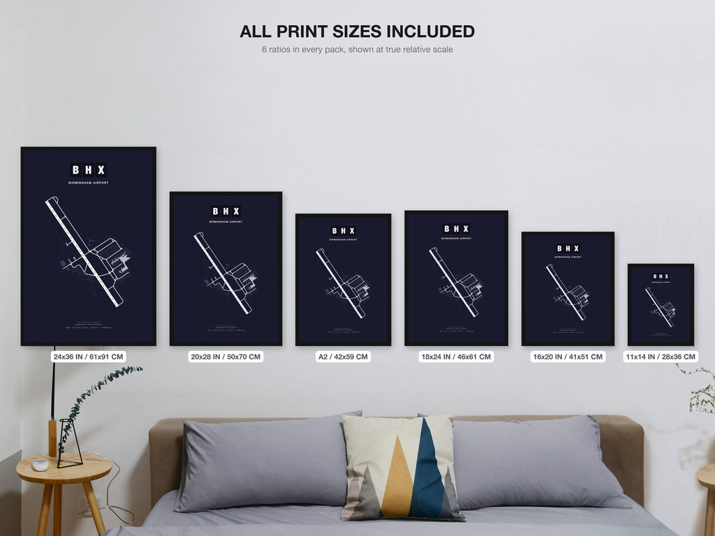 BHX Birmingham Airport map - all print sizes included, Dark