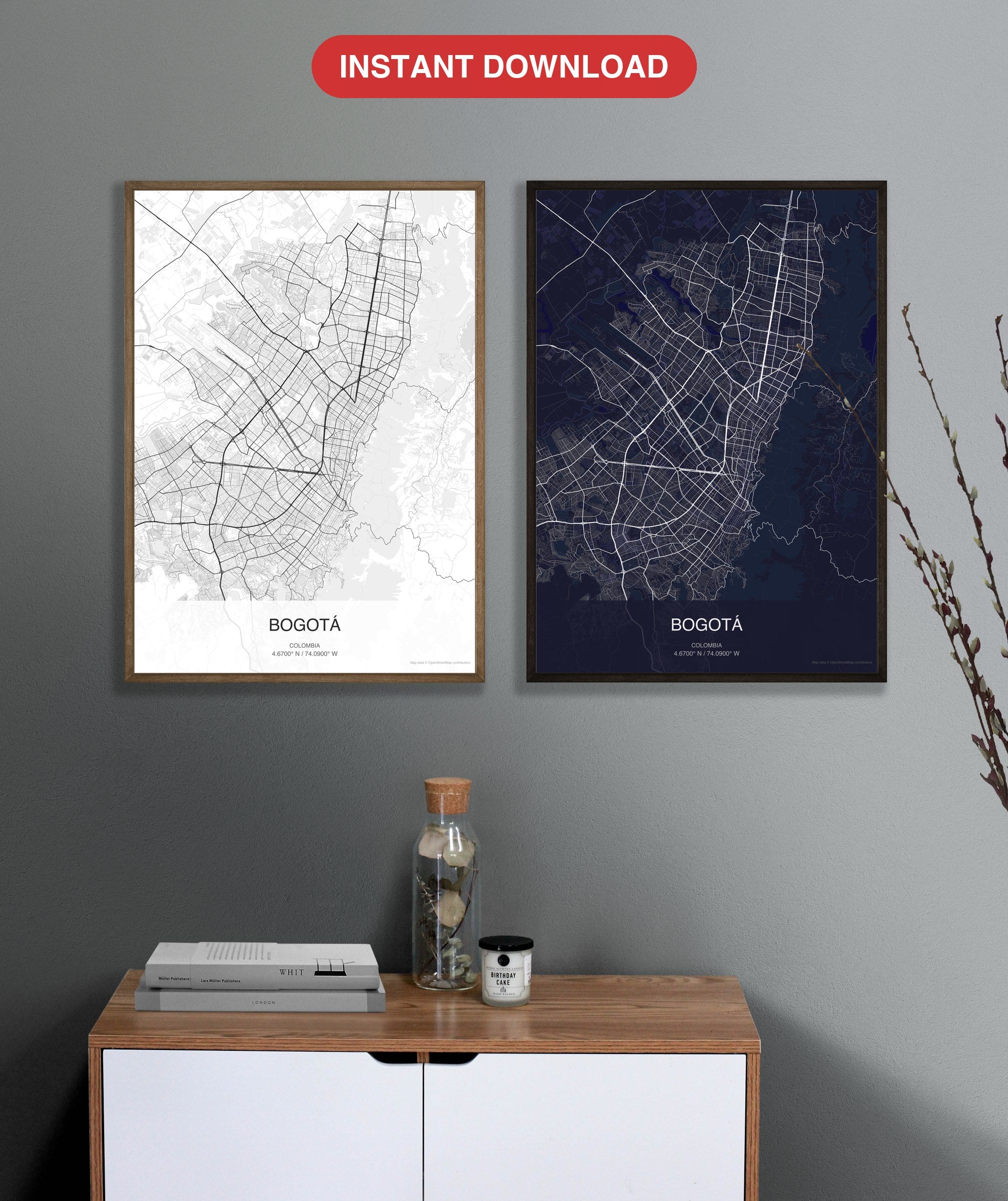 Bogotá map digital download - Classic and Dark styles, instant download