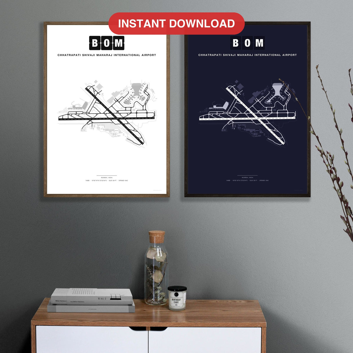 BOM Chhatrapati Shivaji Maharaj International Airport map - Classic and Dark styles, instant download, square lead