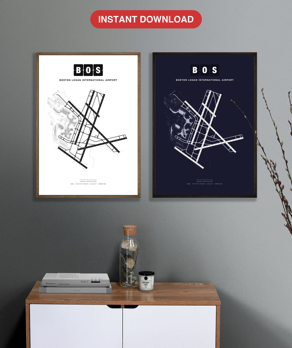 BOS Boston Logan International Airport map - Classic and Dark styles, instant download