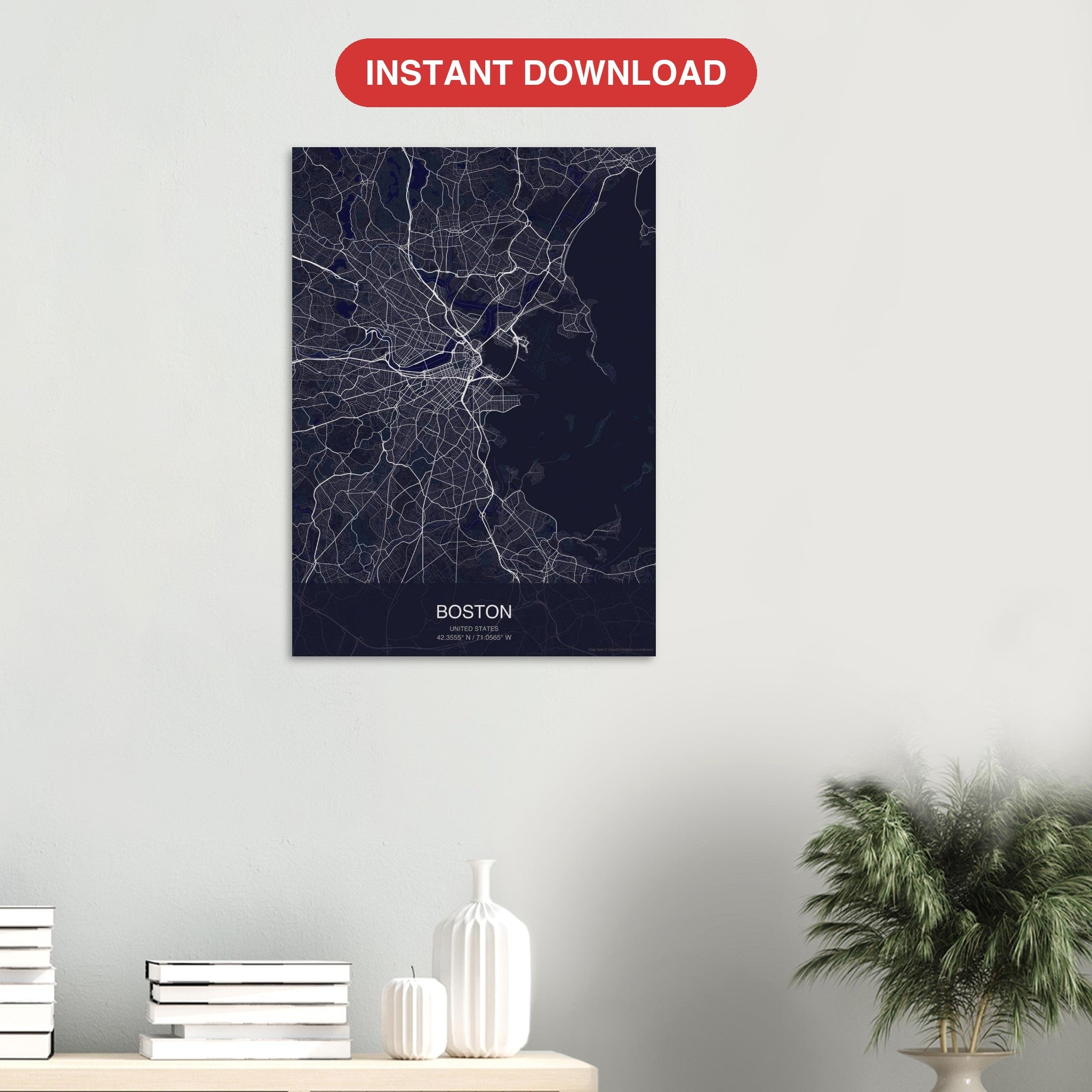 Boston map digital download — Dark style, instant download