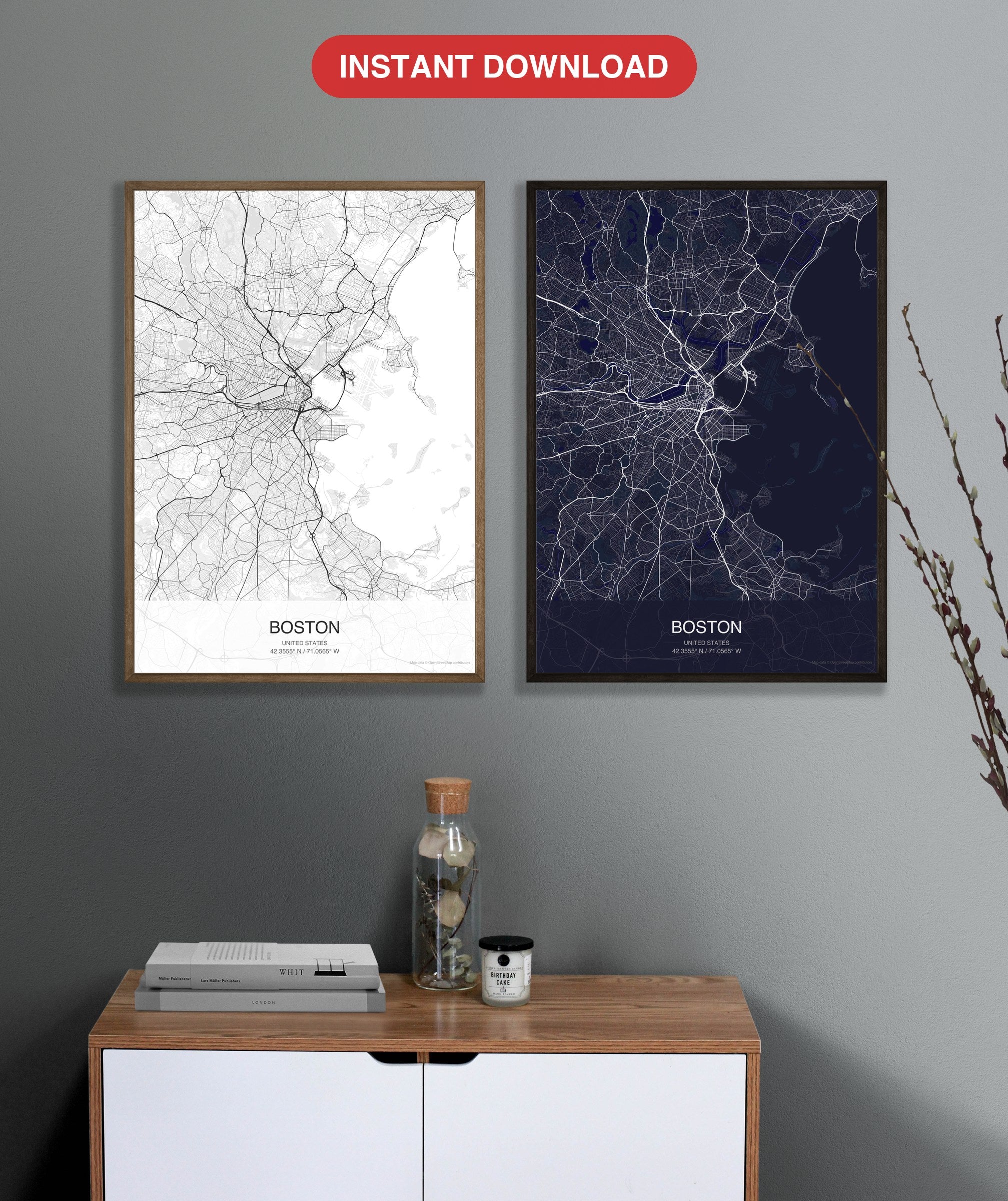 Boston map digital download - Classic and Dark styles, instant download