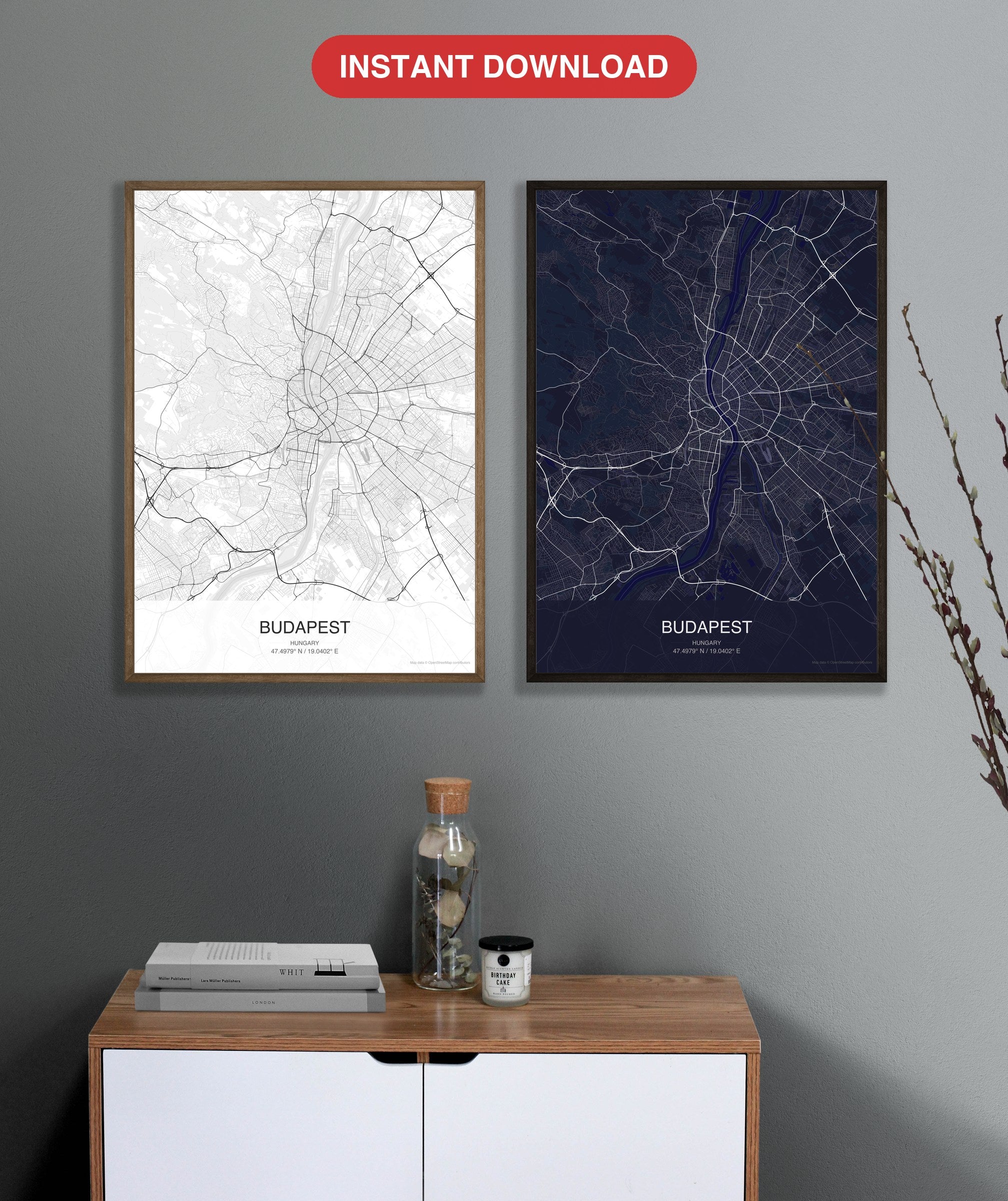Budapest map digital download - Classic and Dark styles, instant download