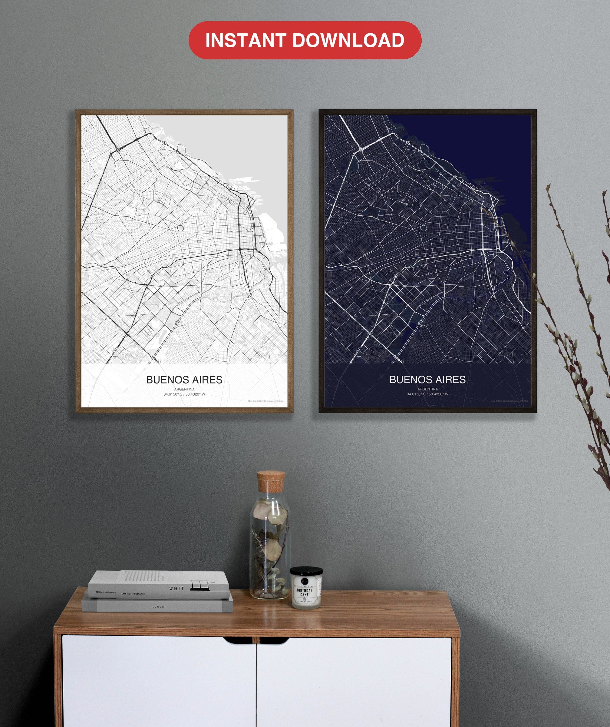 Buenos Aires map digital download - Classic and Dark styles, instant download