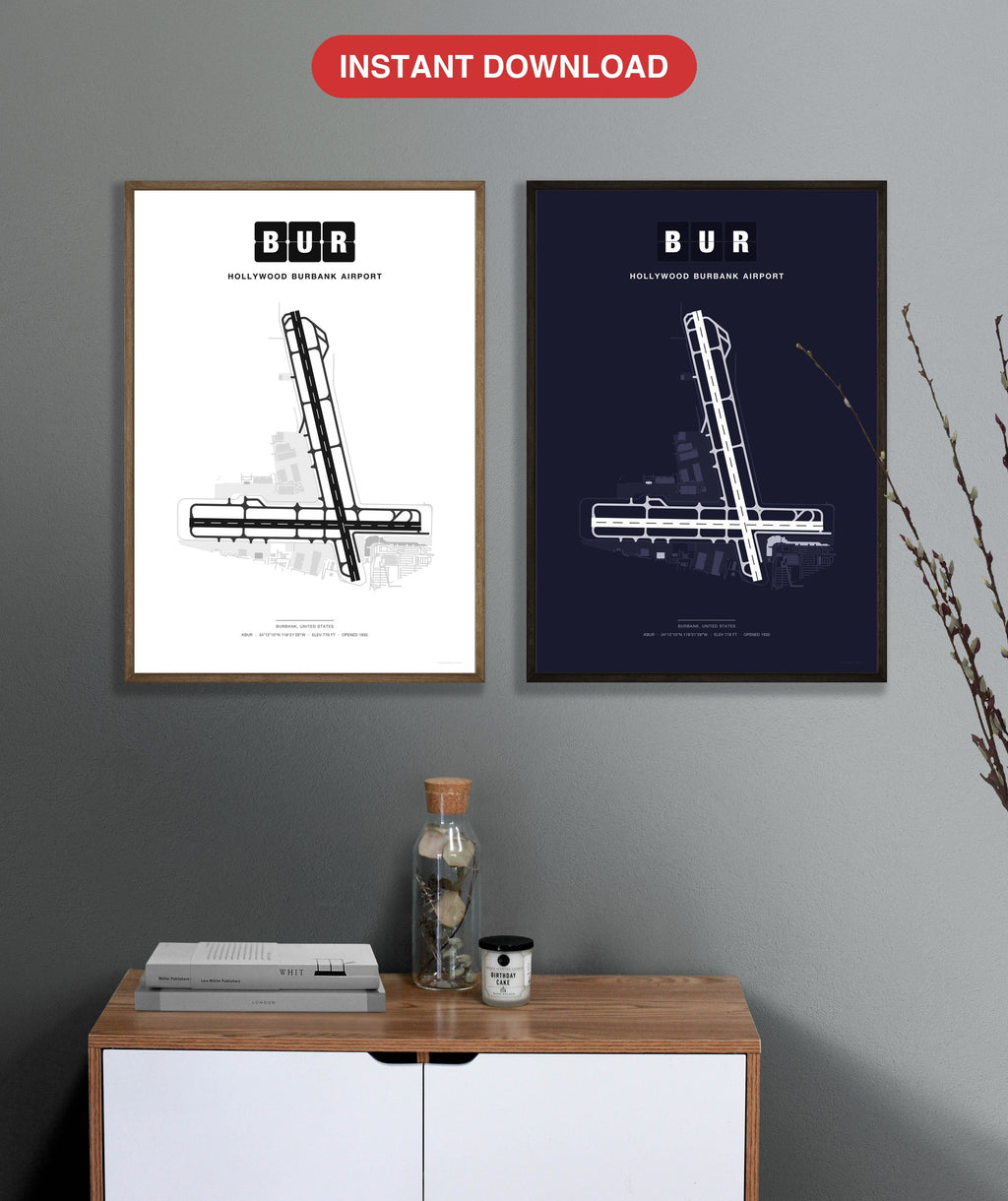 BUR Hollywood Burbank Airport map - Classic and Dark styles, instant download
