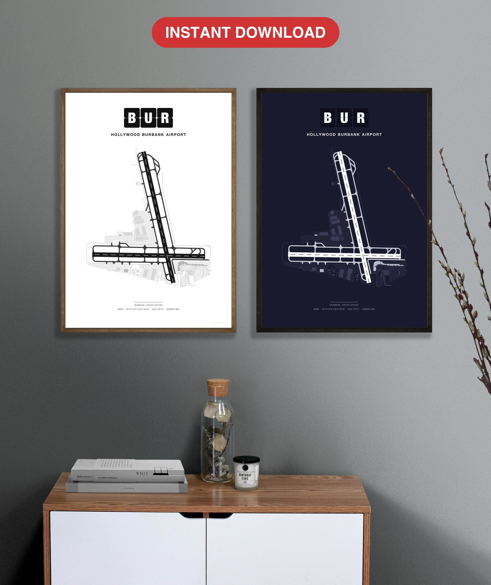 BUR Hollywood Burbank Airport map - Classic and Dark styles, instant download