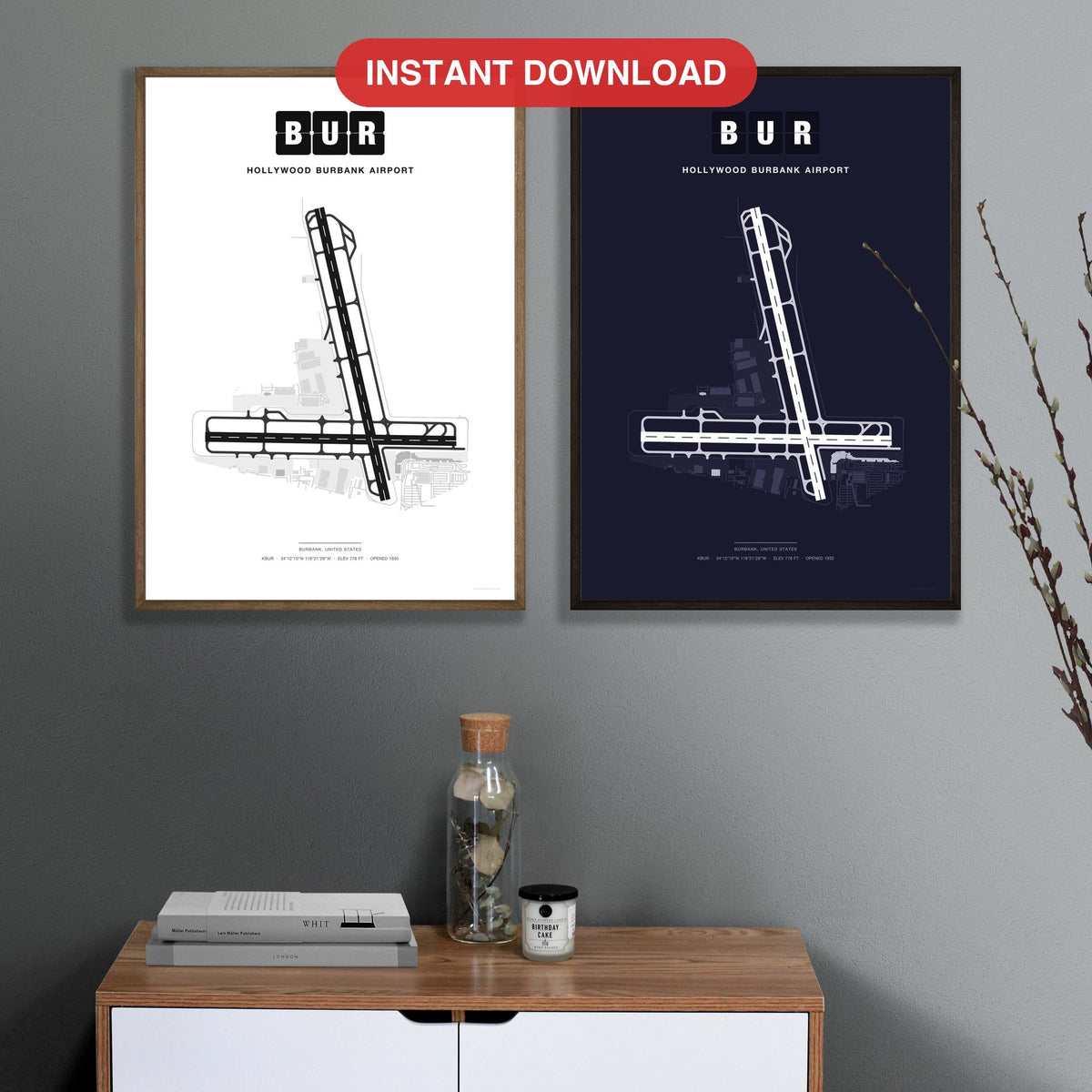 BUR Hollywood Burbank Airport map - Classic and Dark styles, instant download, square lead