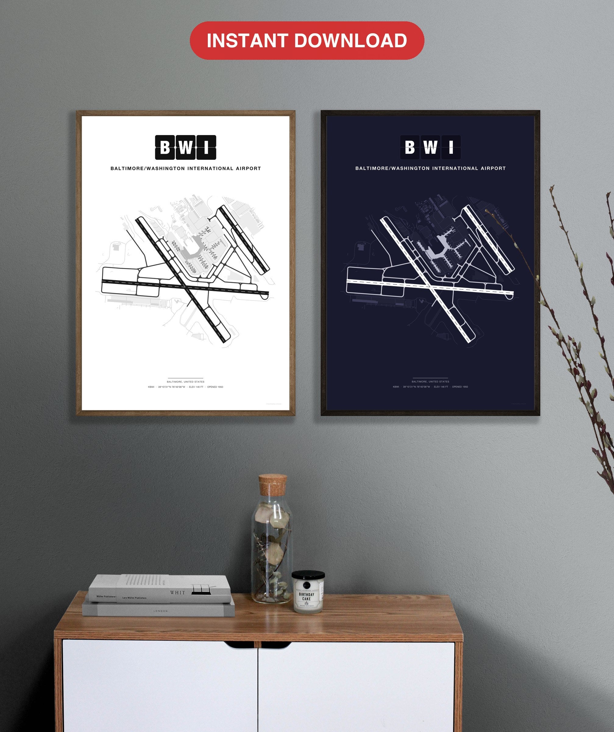 BWI Baltimore/Washington International Airport map - Classic and Dark styles, instant download