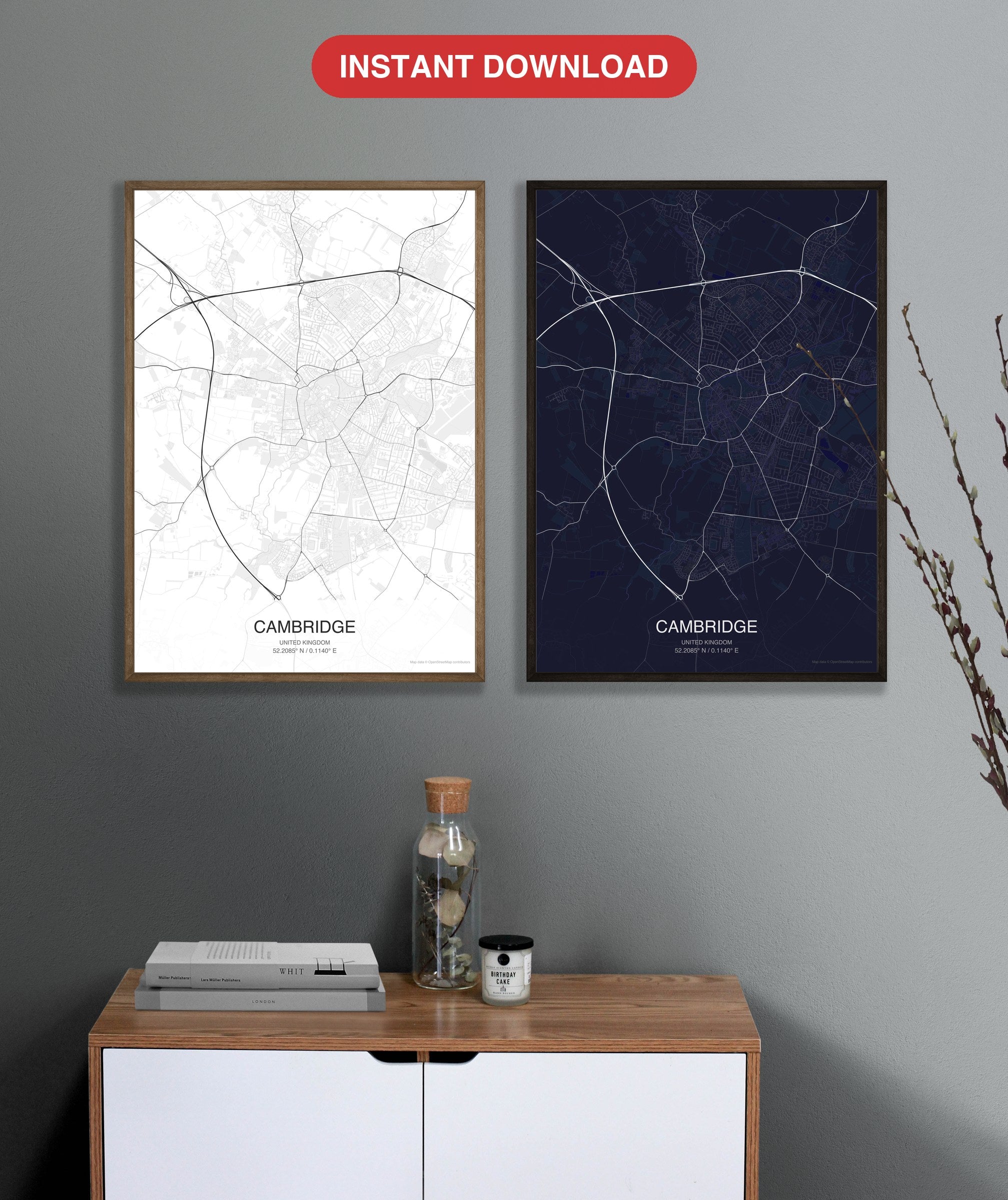 Cambridge map digital download - Classic and Dark styles, instant download