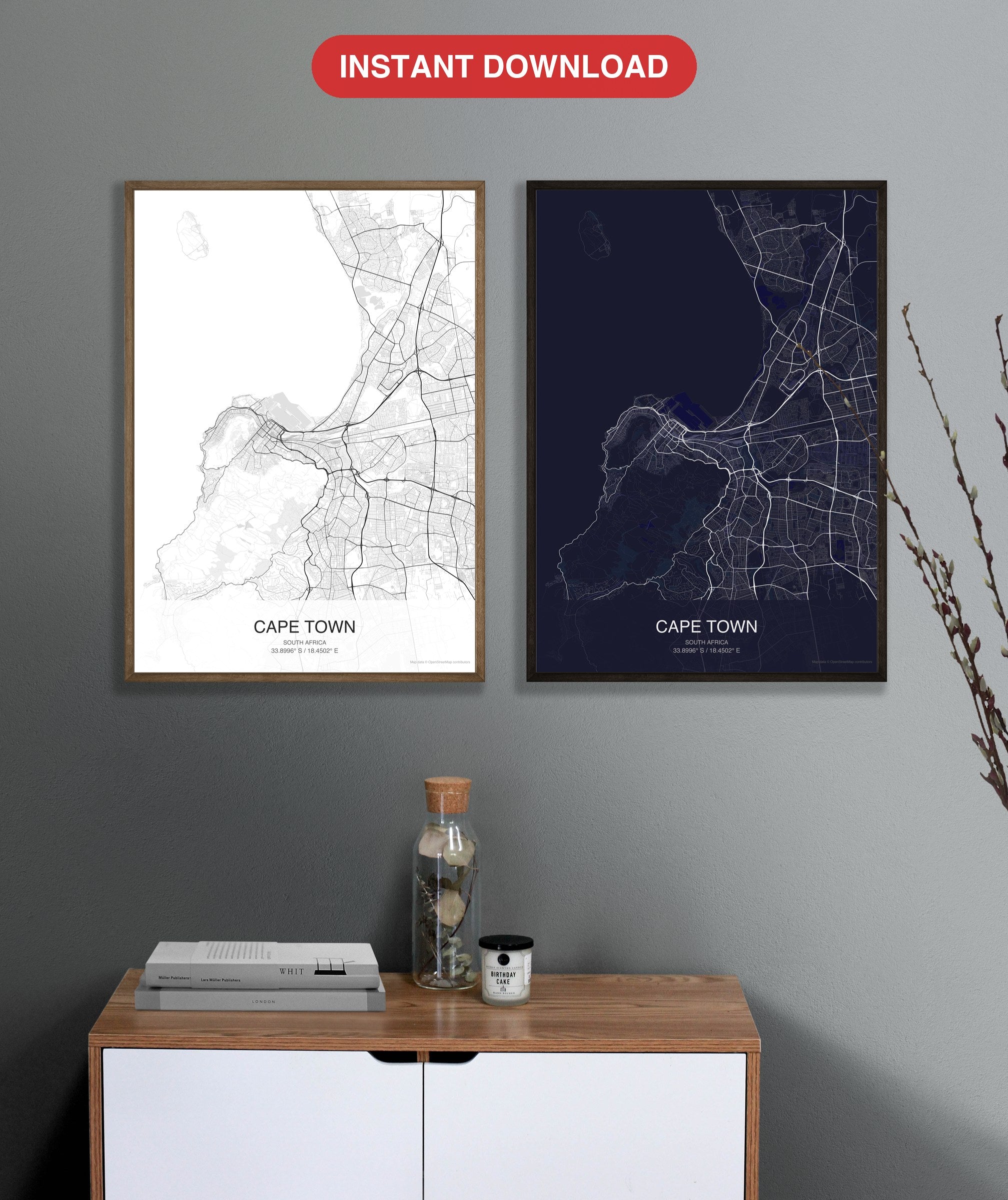 Cape Town map digital download - Classic and Dark styles, instant download
