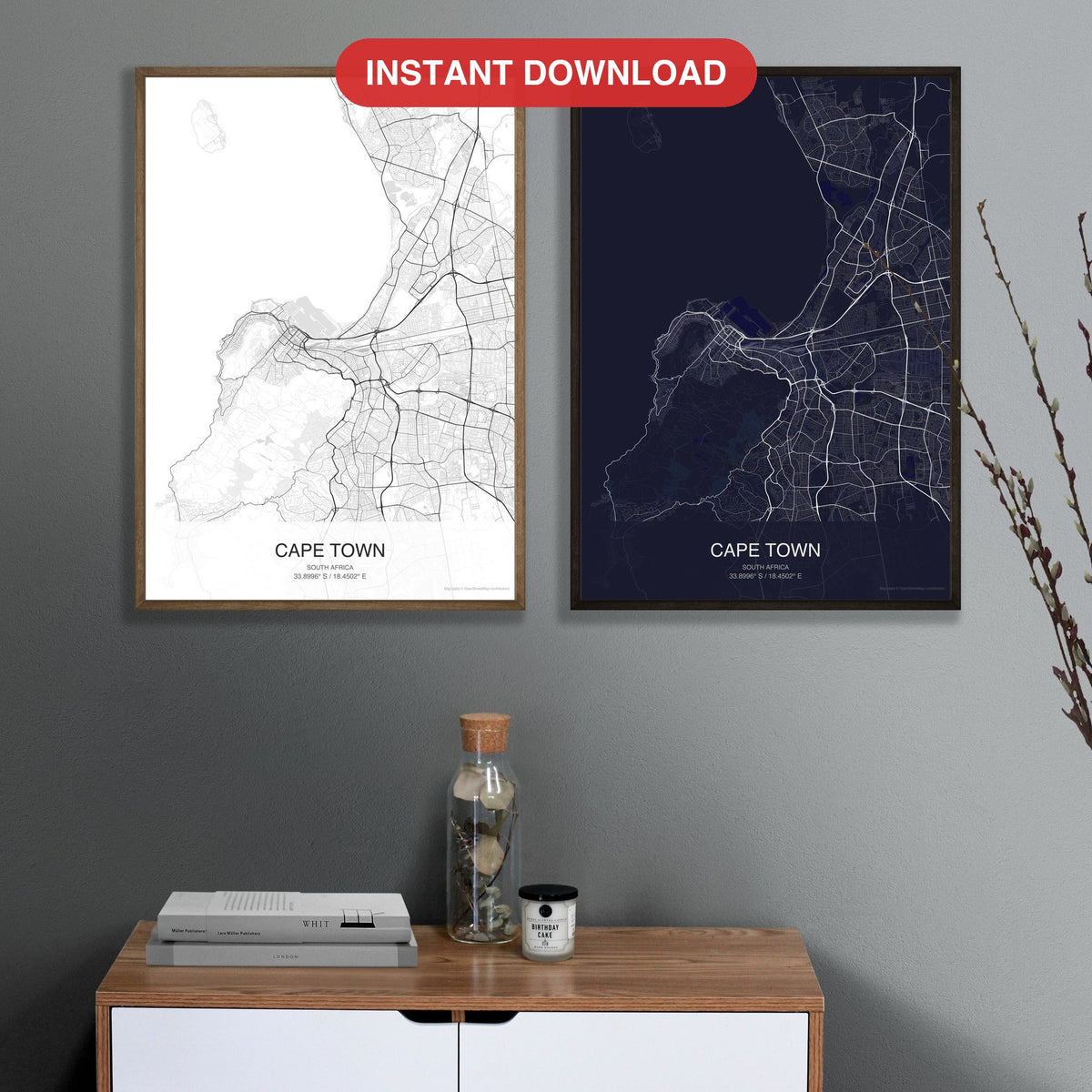 Cape Town map digital download - Classic and Dark styles, instant download, square lead