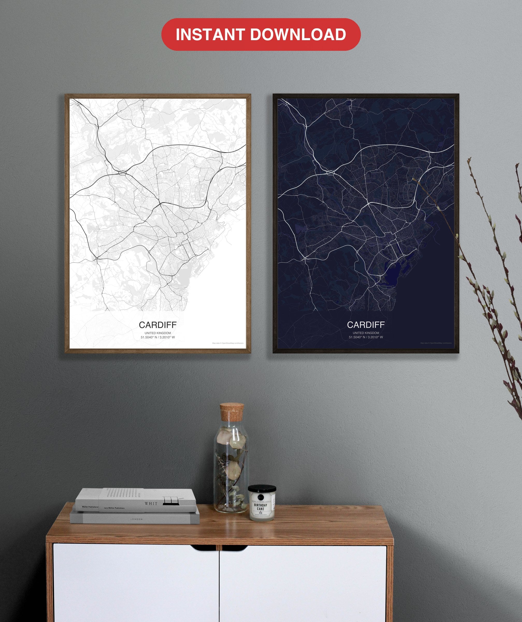 Cardiff map digital download - Classic and Dark styles, instant download