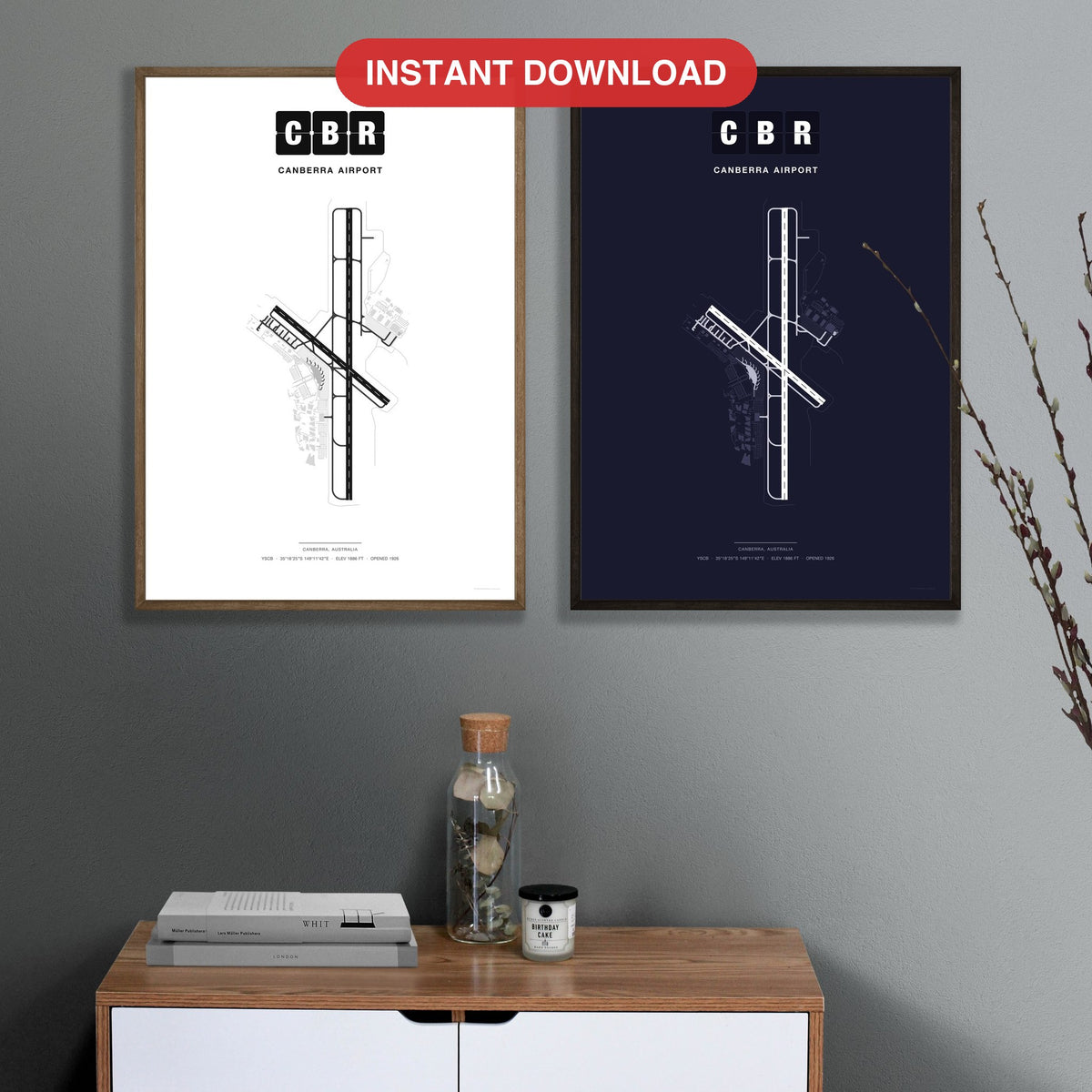 CBR Canberra Airport map - Classic and Dark styles, instant download, square lead