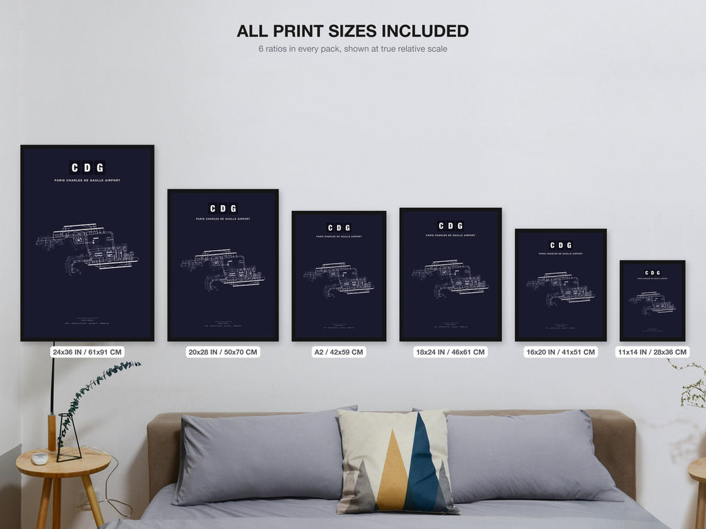 CDG Paris Charles de Gaulle Airport map - all print sizes included, Dark