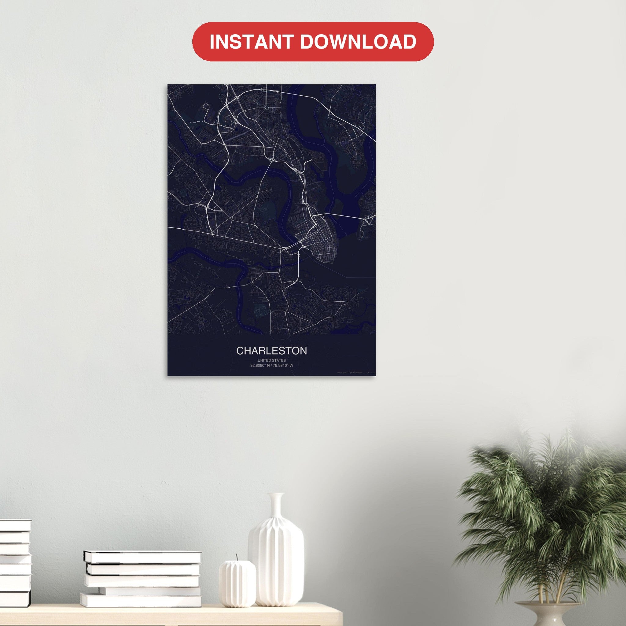 Charleston map digital download — Dark style, instant download