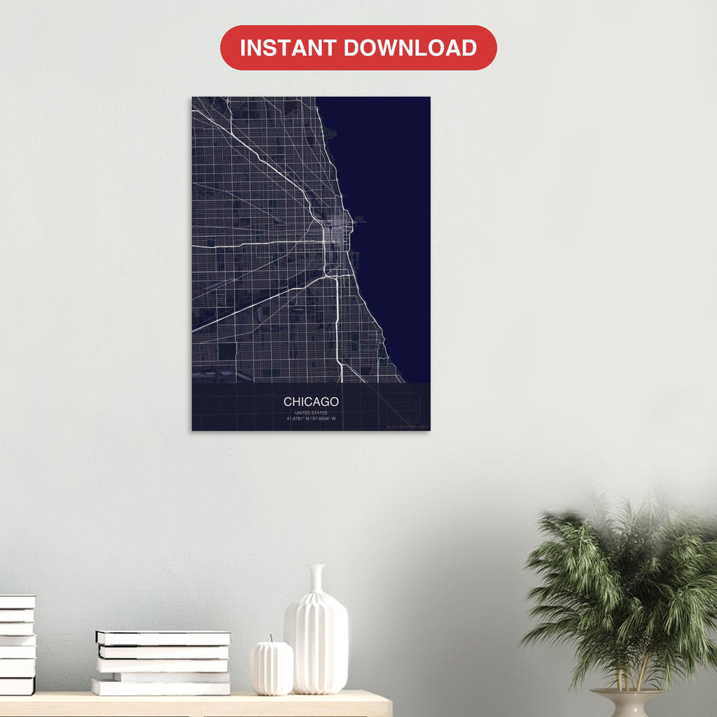 Chicago map digital download — Dark style, instant download