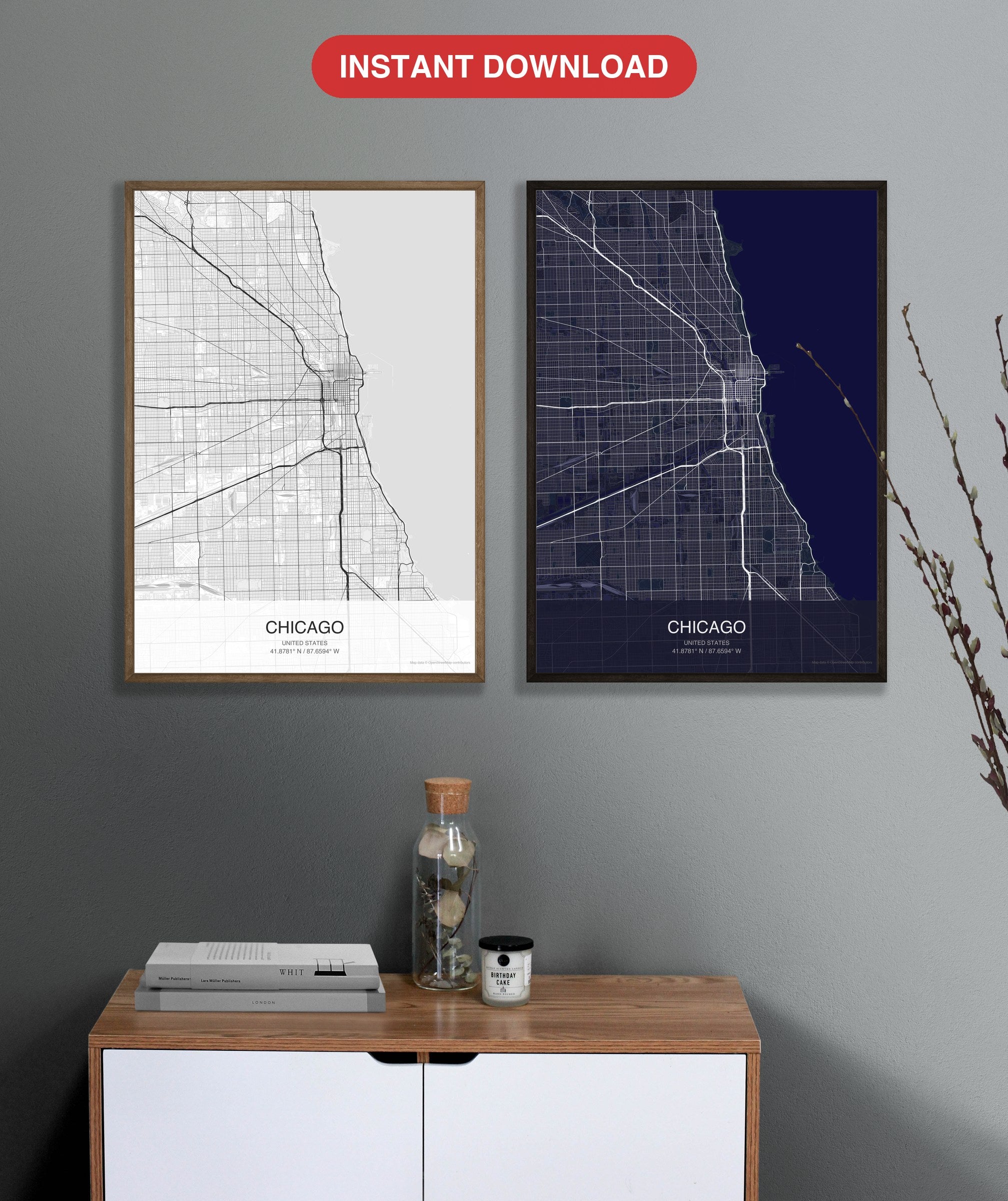 Chicago map digital download - Classic and Dark styles, instant download