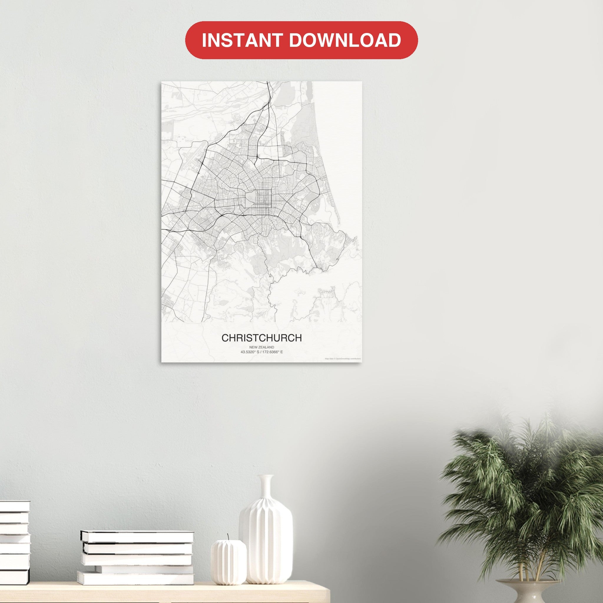 Christchurch map digital download — Classic style, instant download