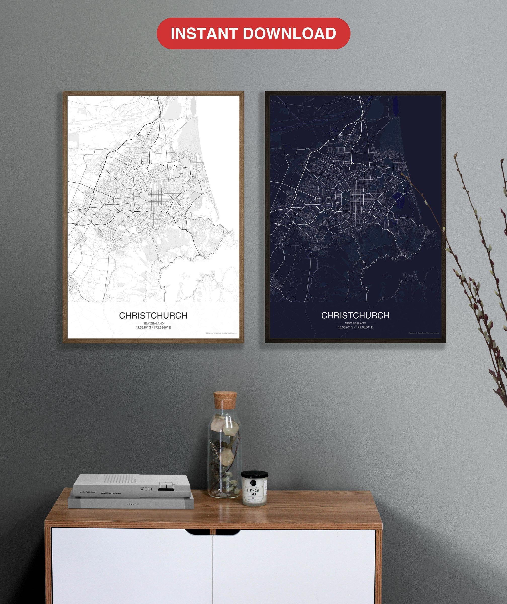 Christchurch map digital download - Classic and Dark styles, instant download