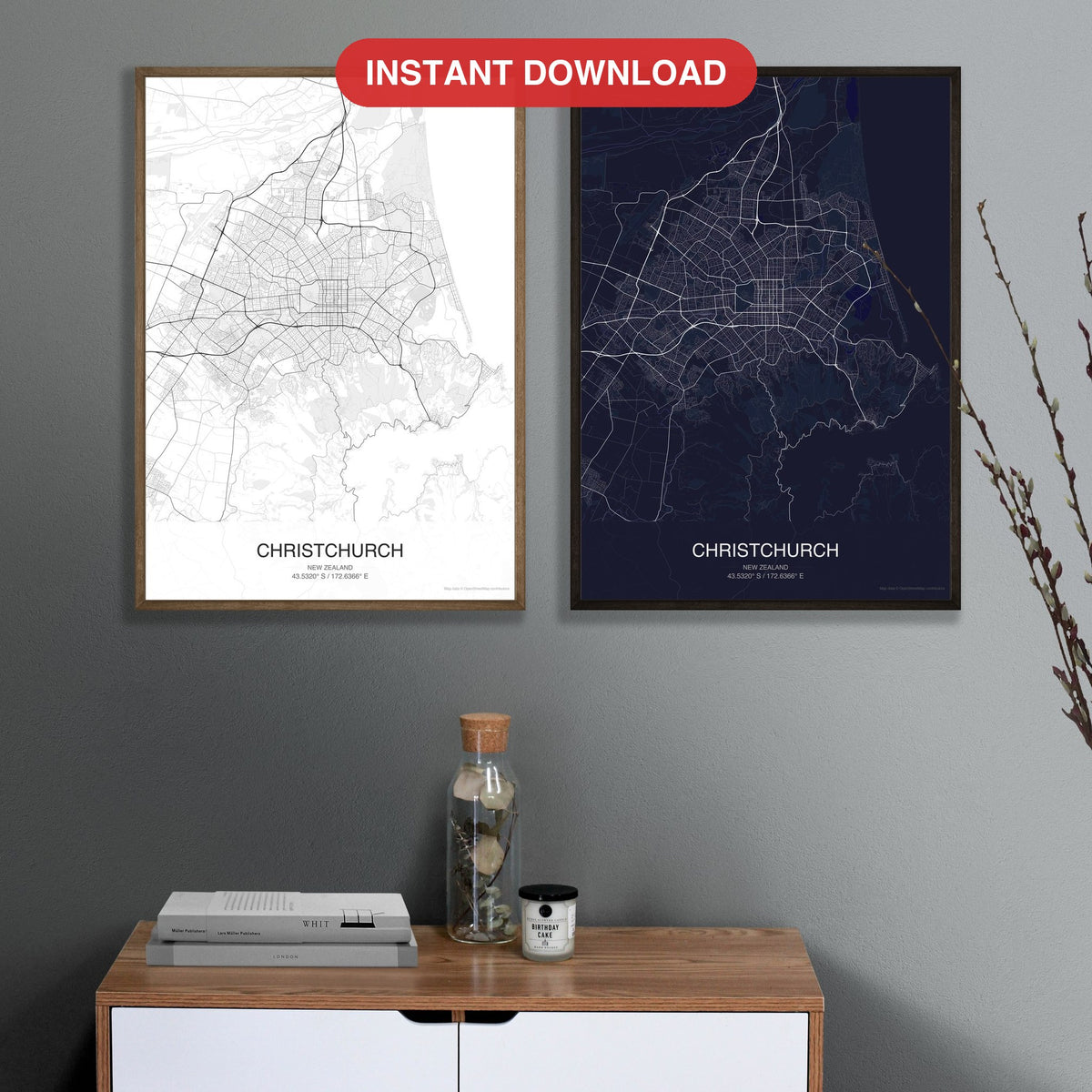 Christchurch map digital download - Classic and Dark styles, instant download, square lead