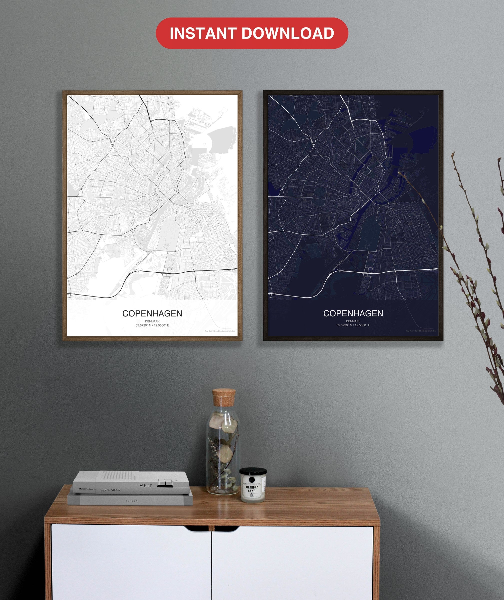 Copenhagen map digital download - Classic and Dark styles, instant download