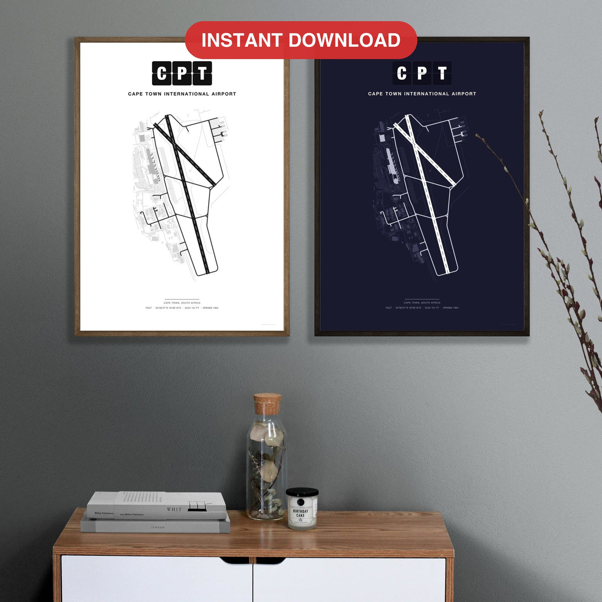CPT Cape Town International Airport map - Classic and Dark styles, instant download, square lead