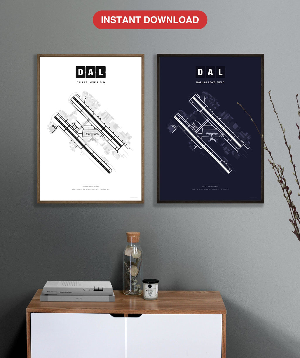 DAL Dallas Love Field map - Classic and Dark styles, instant download