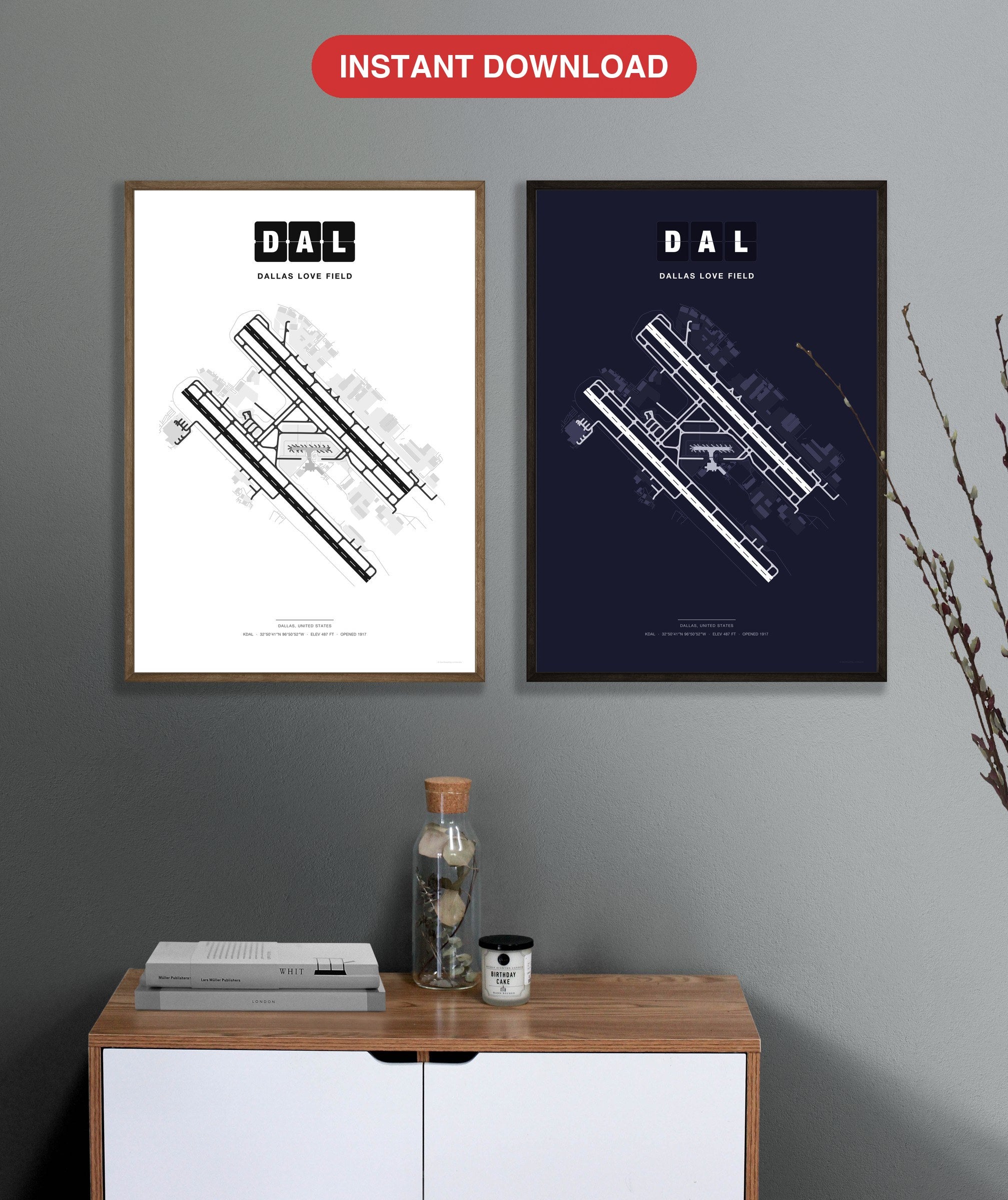 DAL Dallas Love Field map - Classic and Dark styles, instant download