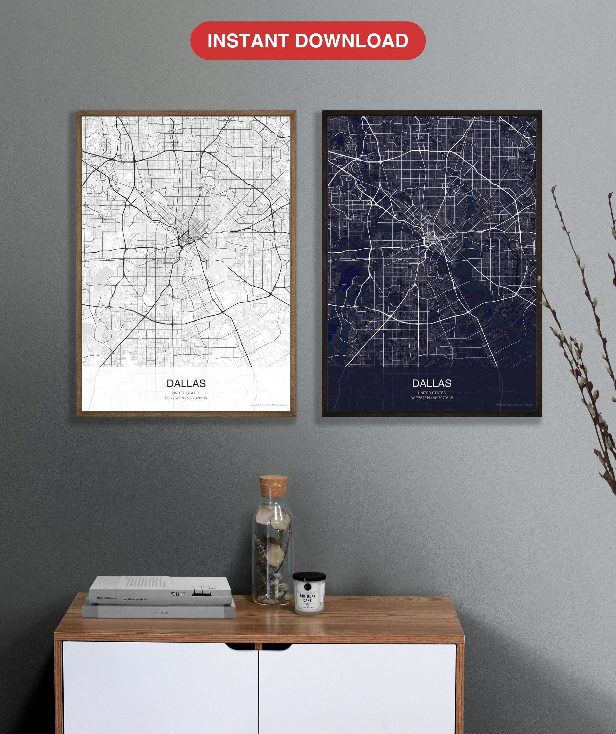 Dallas map digital download - Classic and Dark styles, instant download