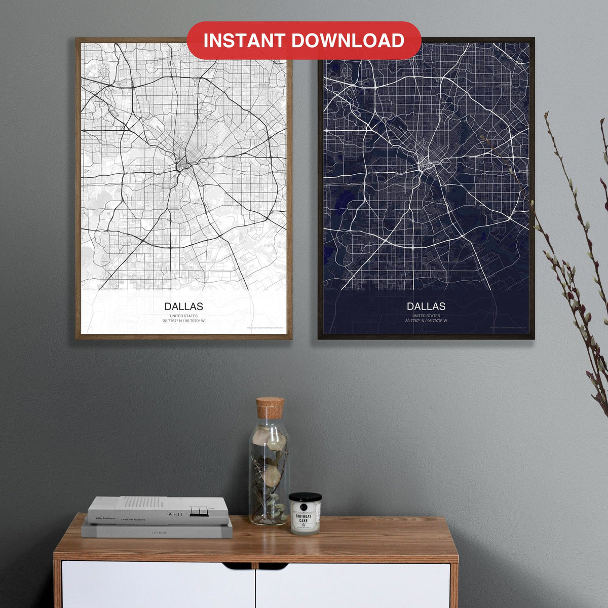 Dallas map digital download - Classic and Dark styles, instant download, square lead