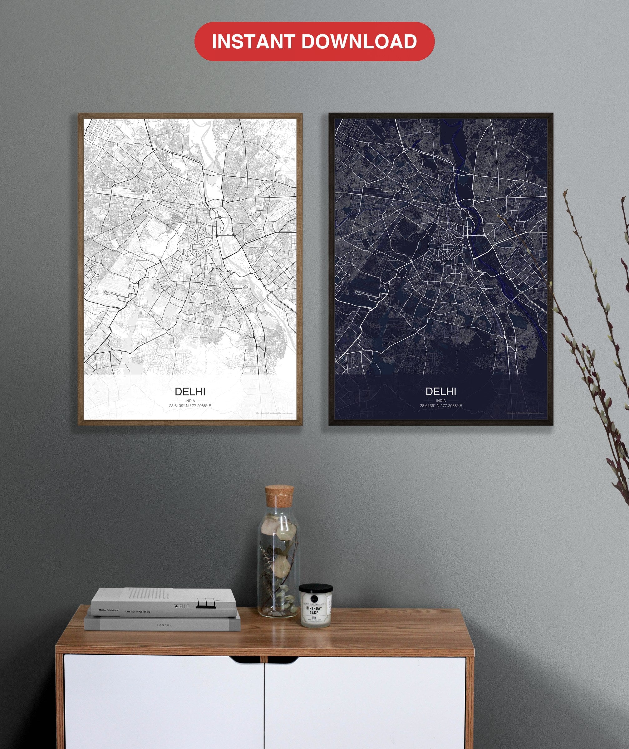 Delhi map digital download - Classic and Dark styles, instant download