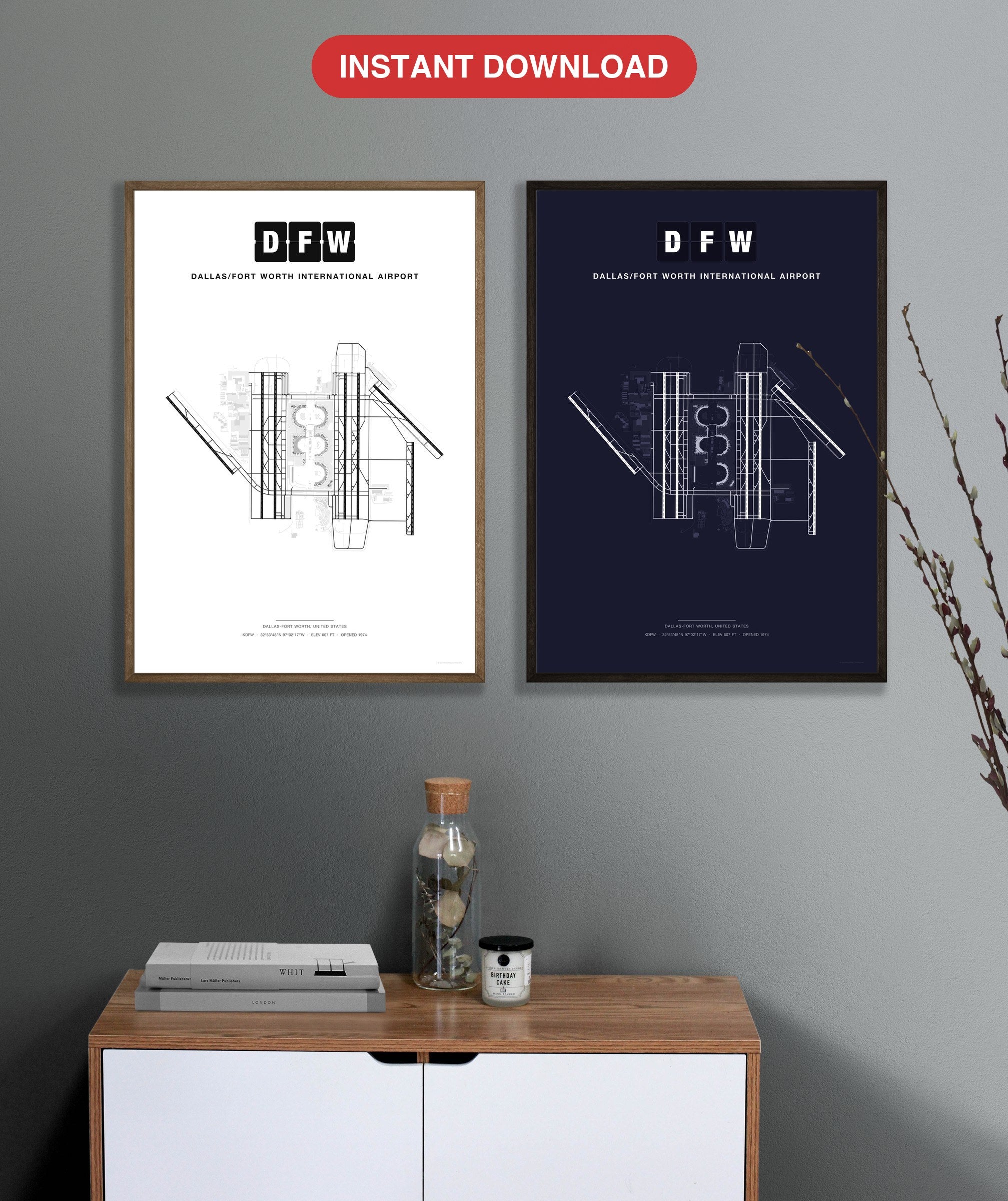 DFW Dallas/Fort Worth International Airport map - Classic and Dark styles, instant download
