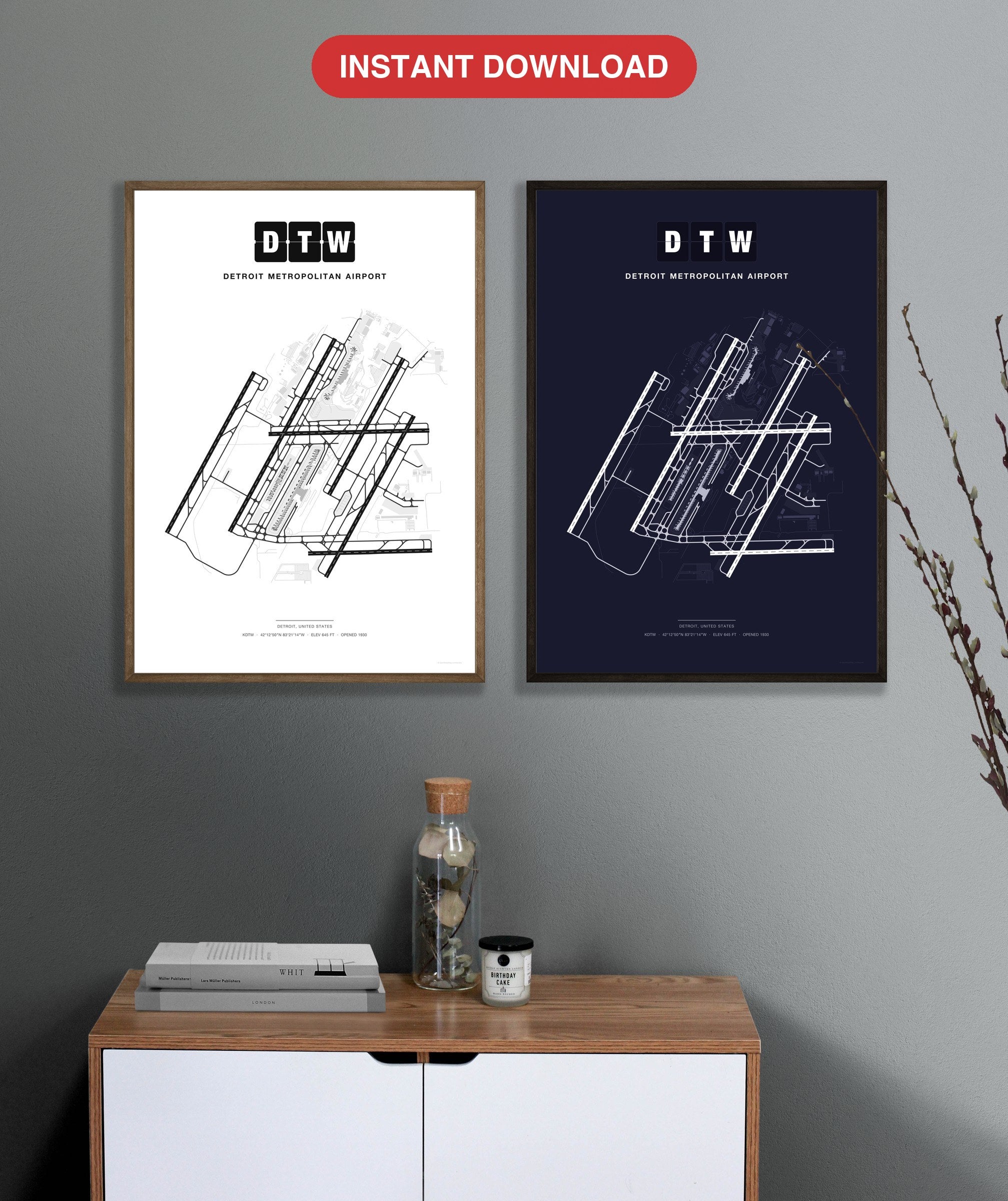 DTW Detroit Metropolitan Airport map - Classic and Dark styles, instant download