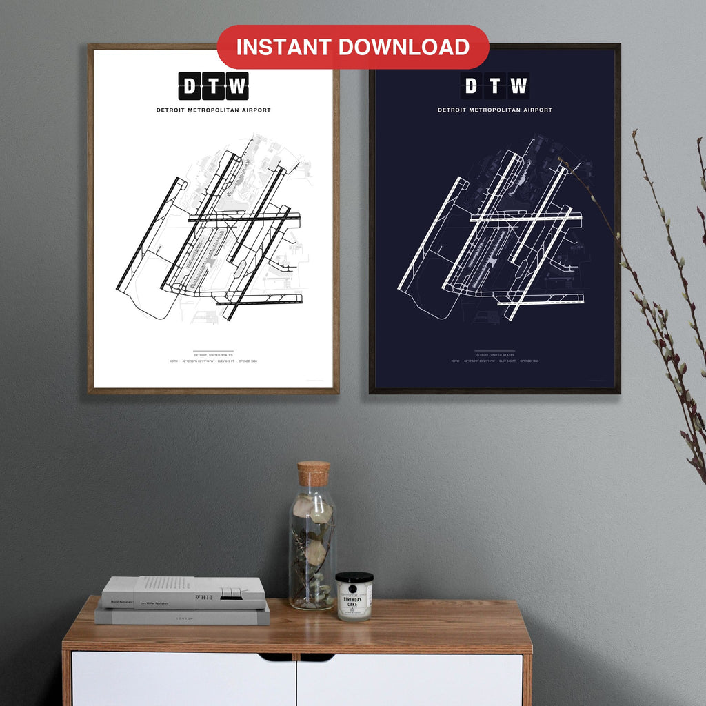 DTW Detroit Metropolitan Airport map - Classic and Dark styles, instant download, square lead