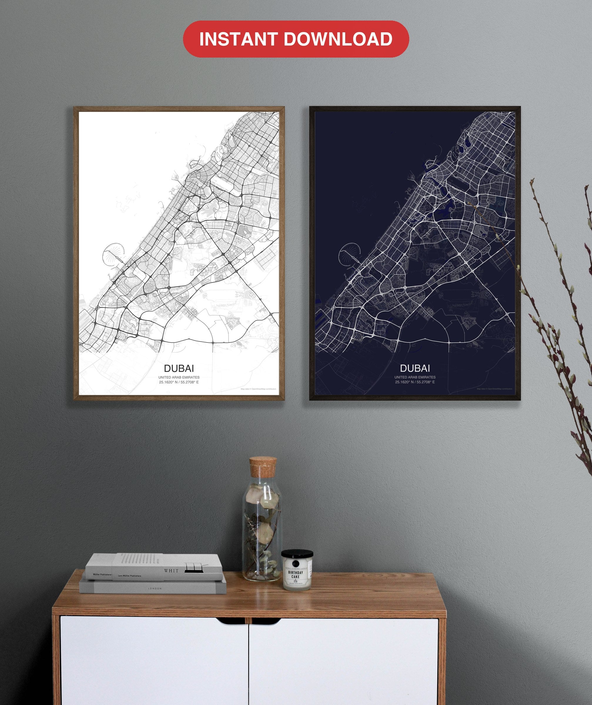 Dubai map digital download - Classic and Dark styles, instant download