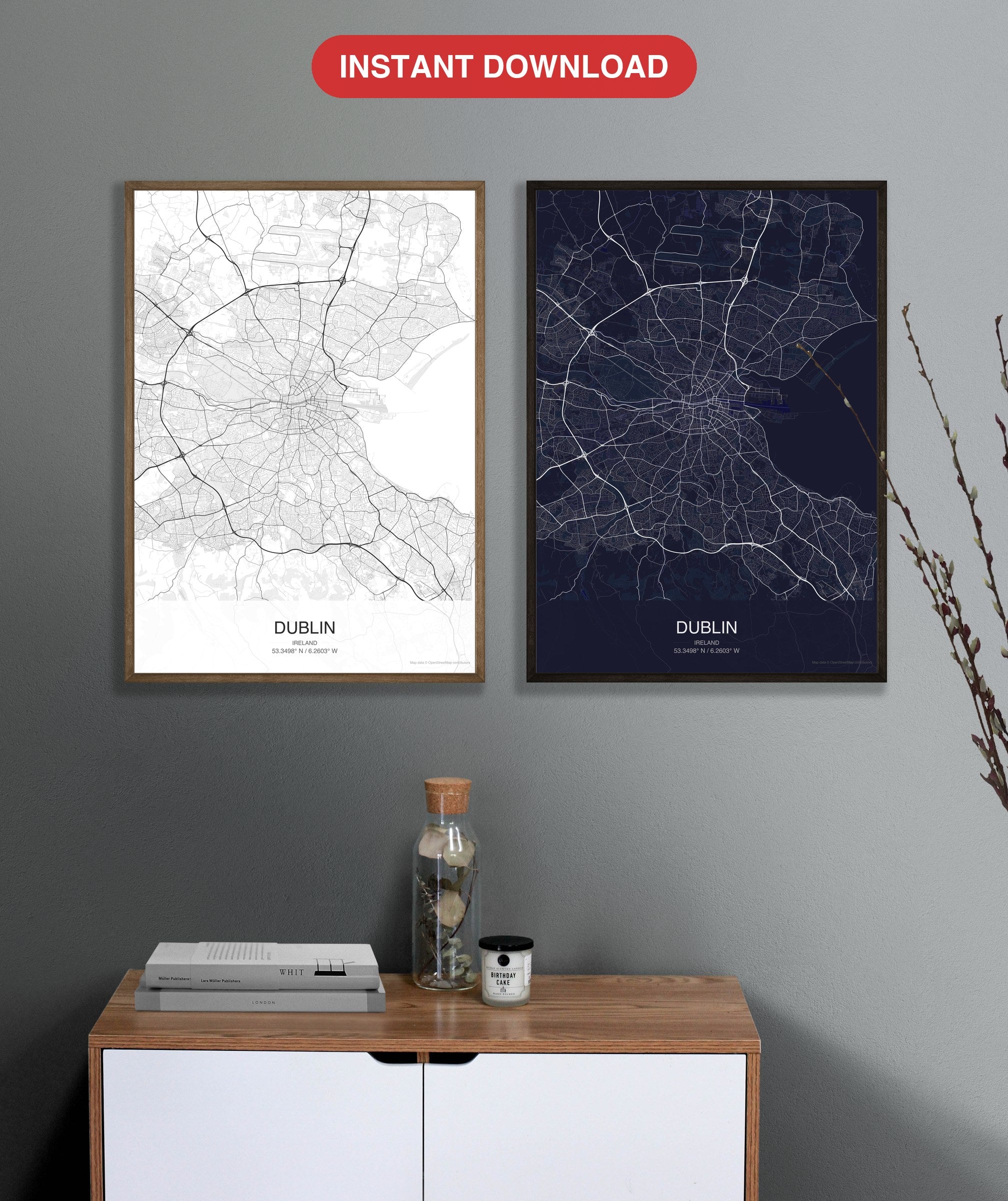Dublin map digital download - Classic and Dark styles, instant download
