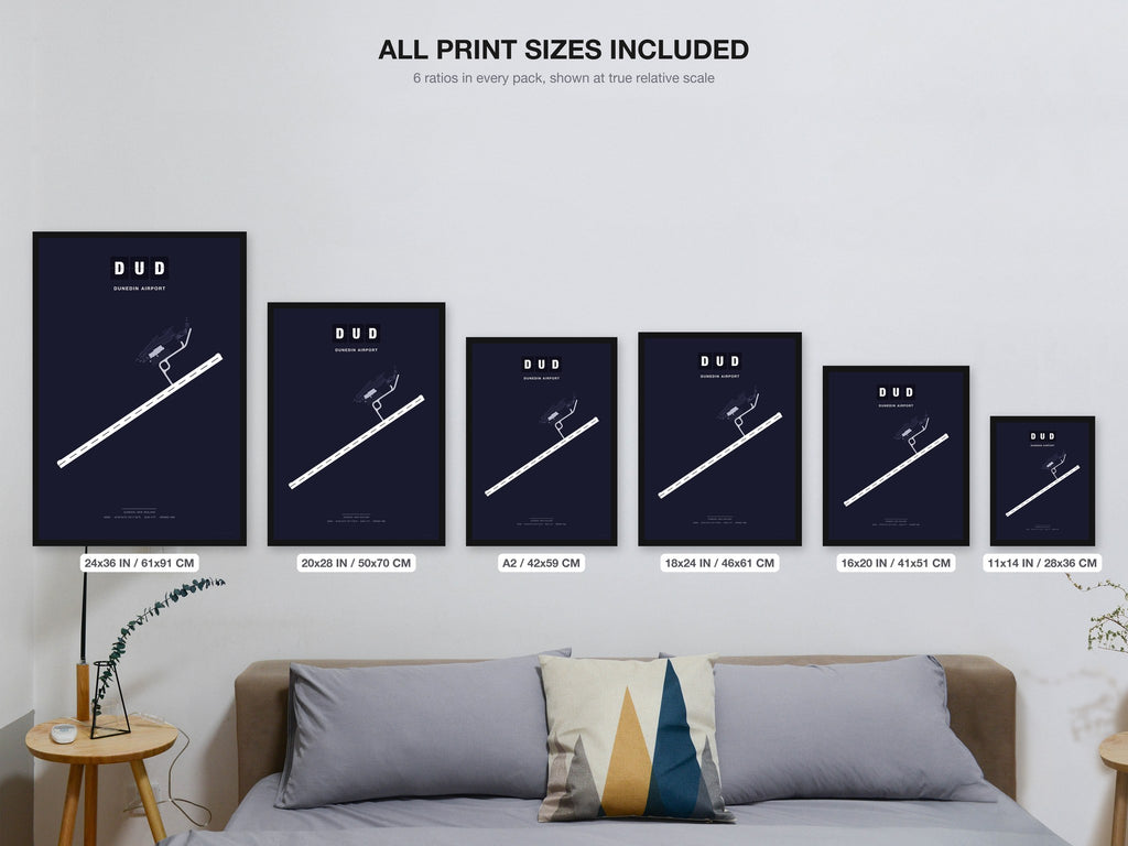 DUD Dunedin Airport map - all print sizes included, Dark