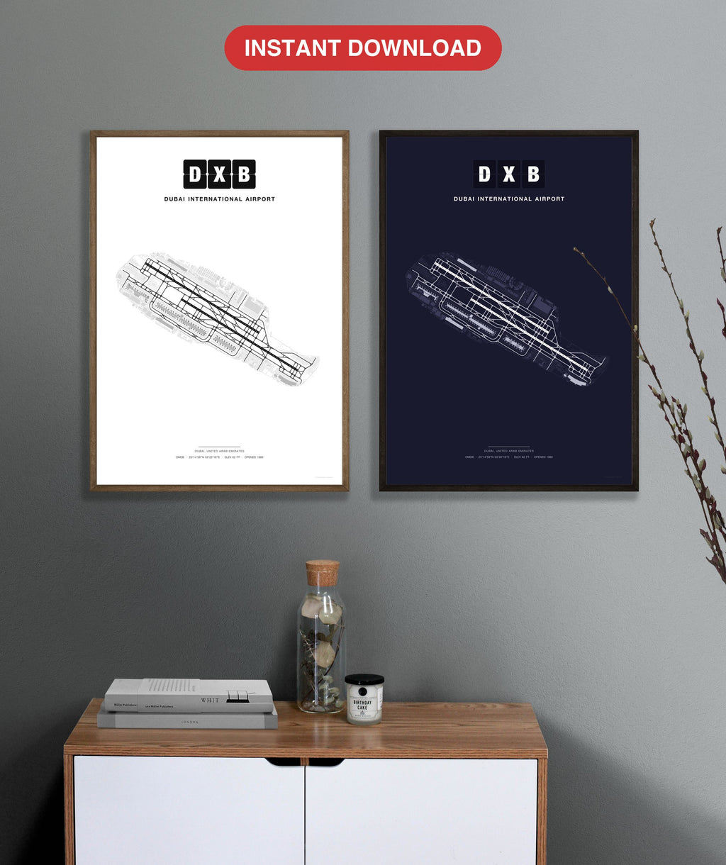 DXB Dubai International Airport map - Classic and Dark styles, instant download